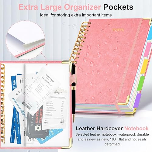 Miniatura 2 de Cuaderno de espiral con tapa dura, de 8 x 10 pulgadas, separadores y divisores extraíbles, 300 páginas, 5 asignaturas, a rayas, de piel sintética,