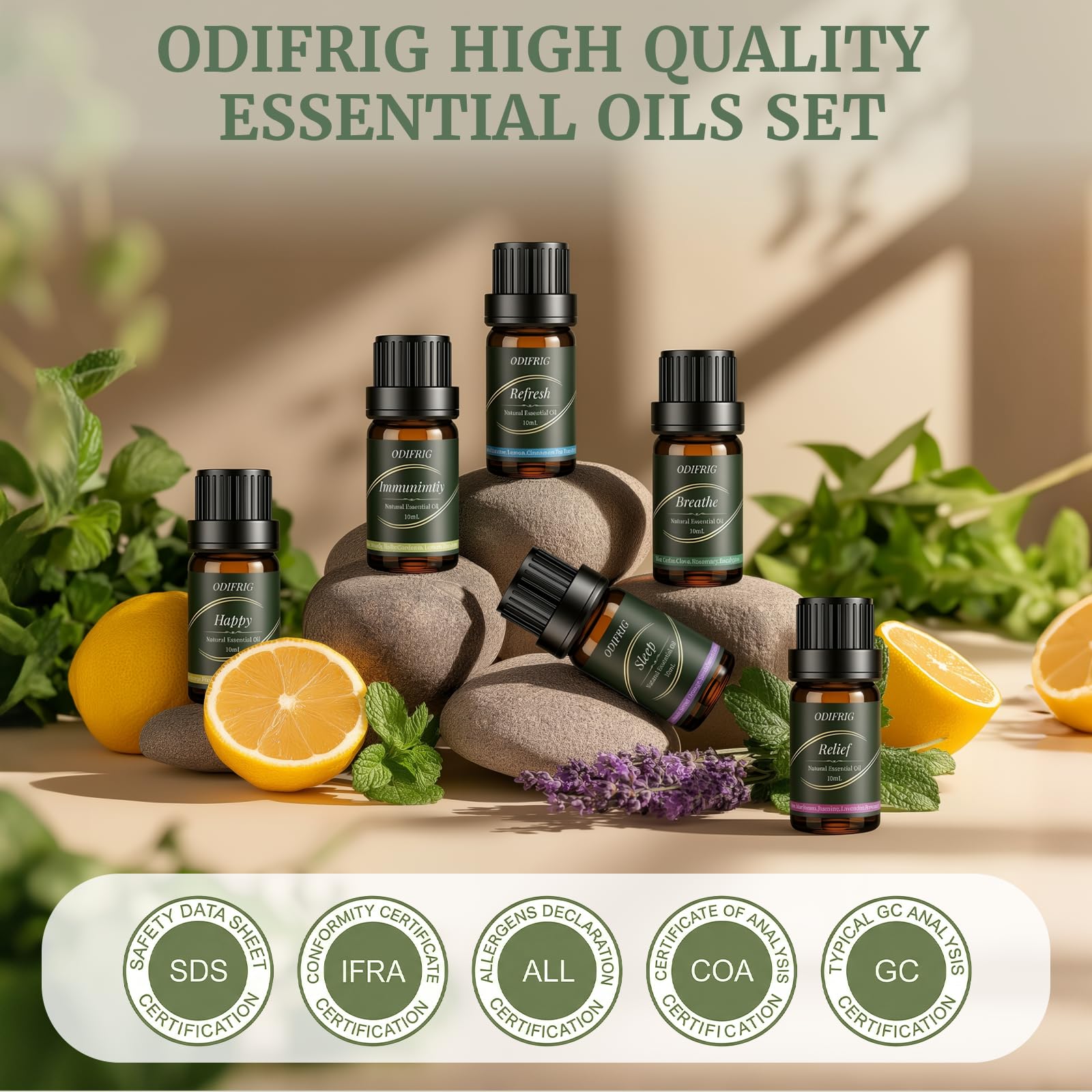 Oli Essenziali per Diffusore 6x10ml,Set Oli Essenziali Naturali per Aromaterapia Relax, Sonno,Anti Stress e Benessere,Spa Casa, Umidificatore - Refresh,Relief,Sleep,Breathe,Immunity & Happy