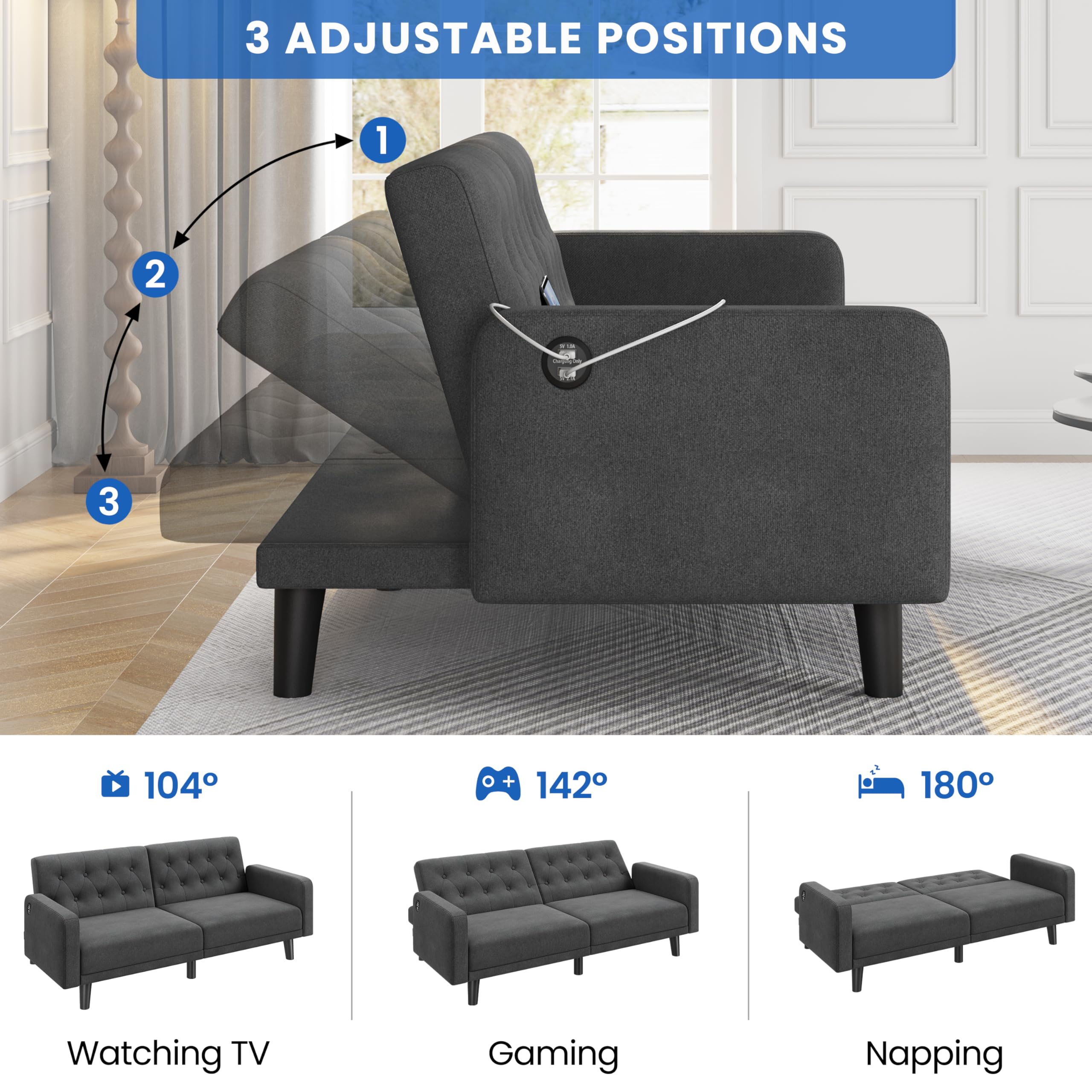 Yaheetech 63" Small Futon Sofa Bed, Convertible Couch with USB, Dark Gray | Loveseat, Compact Sofa Couch Fabric Reclining Futon Features 3 Angles, Removable Armrest for Apartment, Office, Living Room