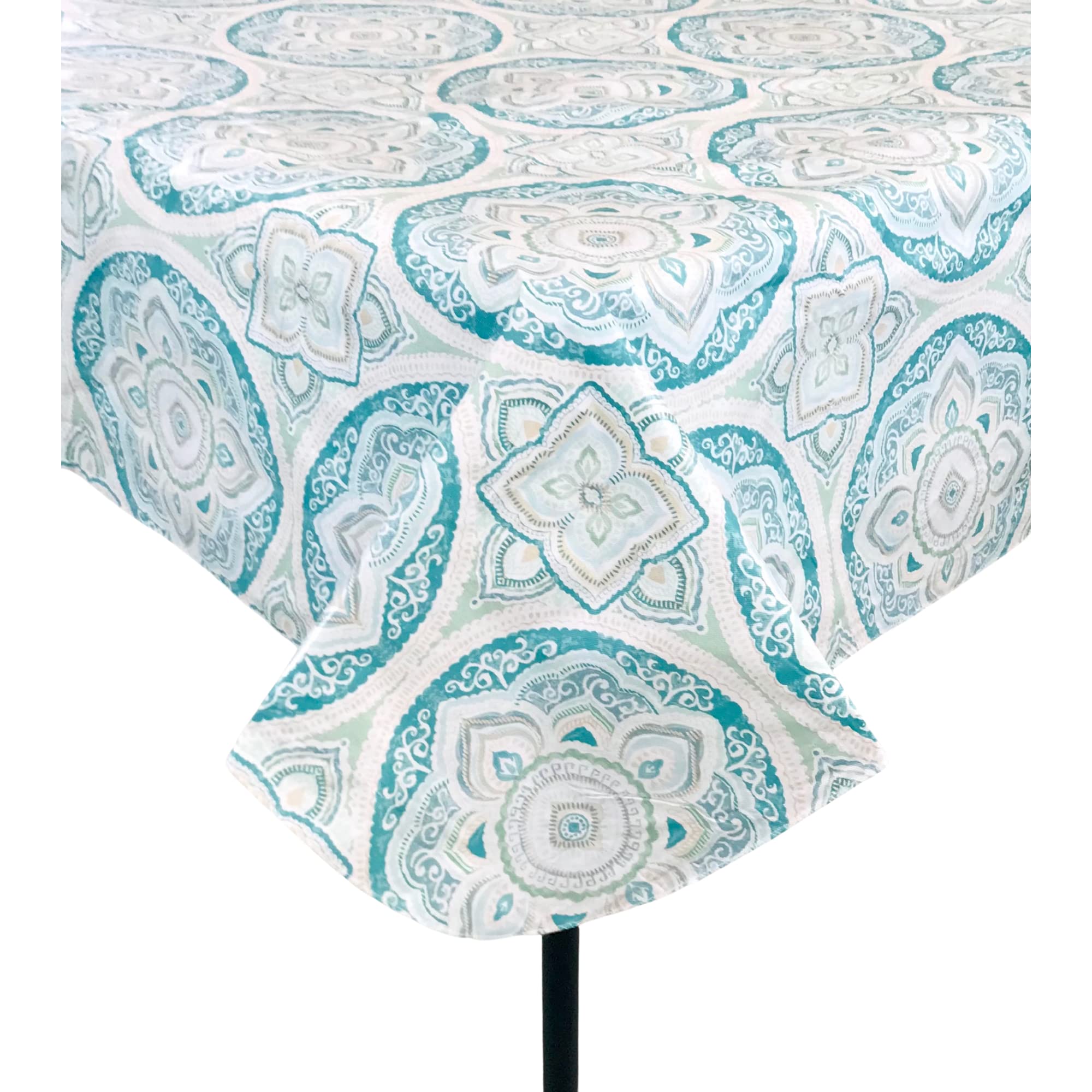 Floral Medallion Flannel Back Vinyl Tablecloth: Colorful Teal Mint Cream Summer Fun Tablecloth for Easy Clean for Cookout Picnics Home Kitchen Office Business (52" x 90" Inch)