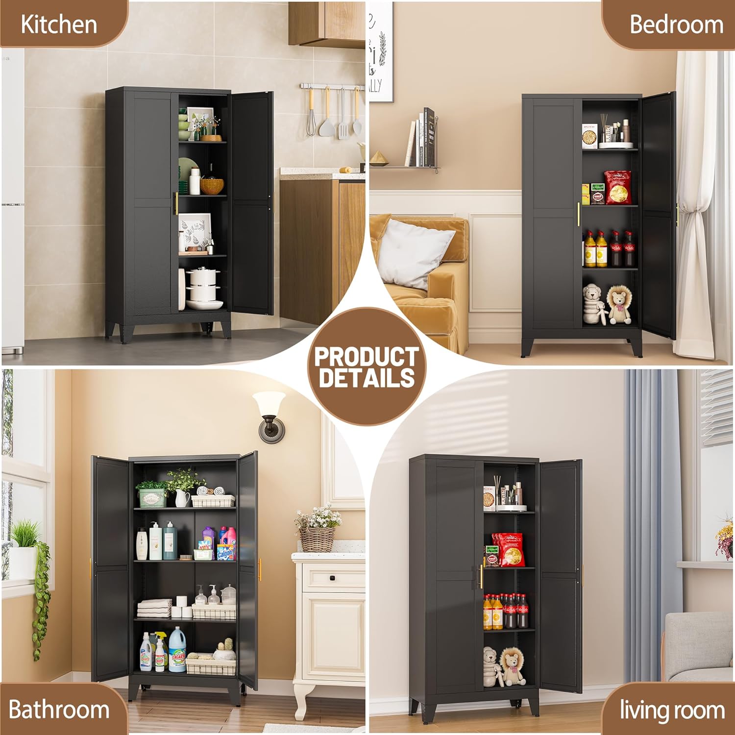 Collage of the cabinet used in kitchen, bedroom, bathroom, and living room settings