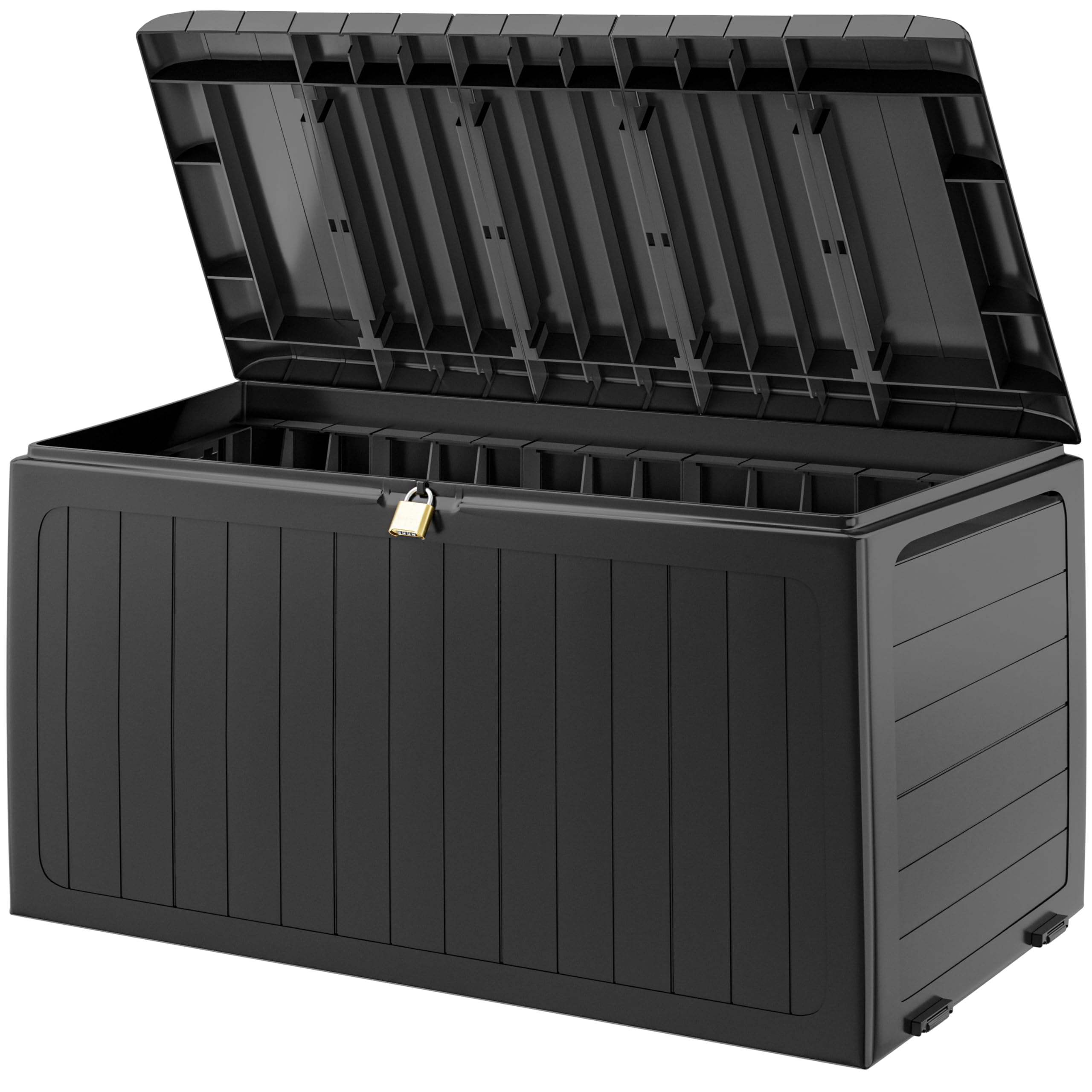 Deuba® Keter 270 Litre Outdoor Garden Furniture Storage Box for Garden Furniture, Graphite Wood Panel Effect, Fade Free, All Weather Resistant, Safe and Secure, Anthracite