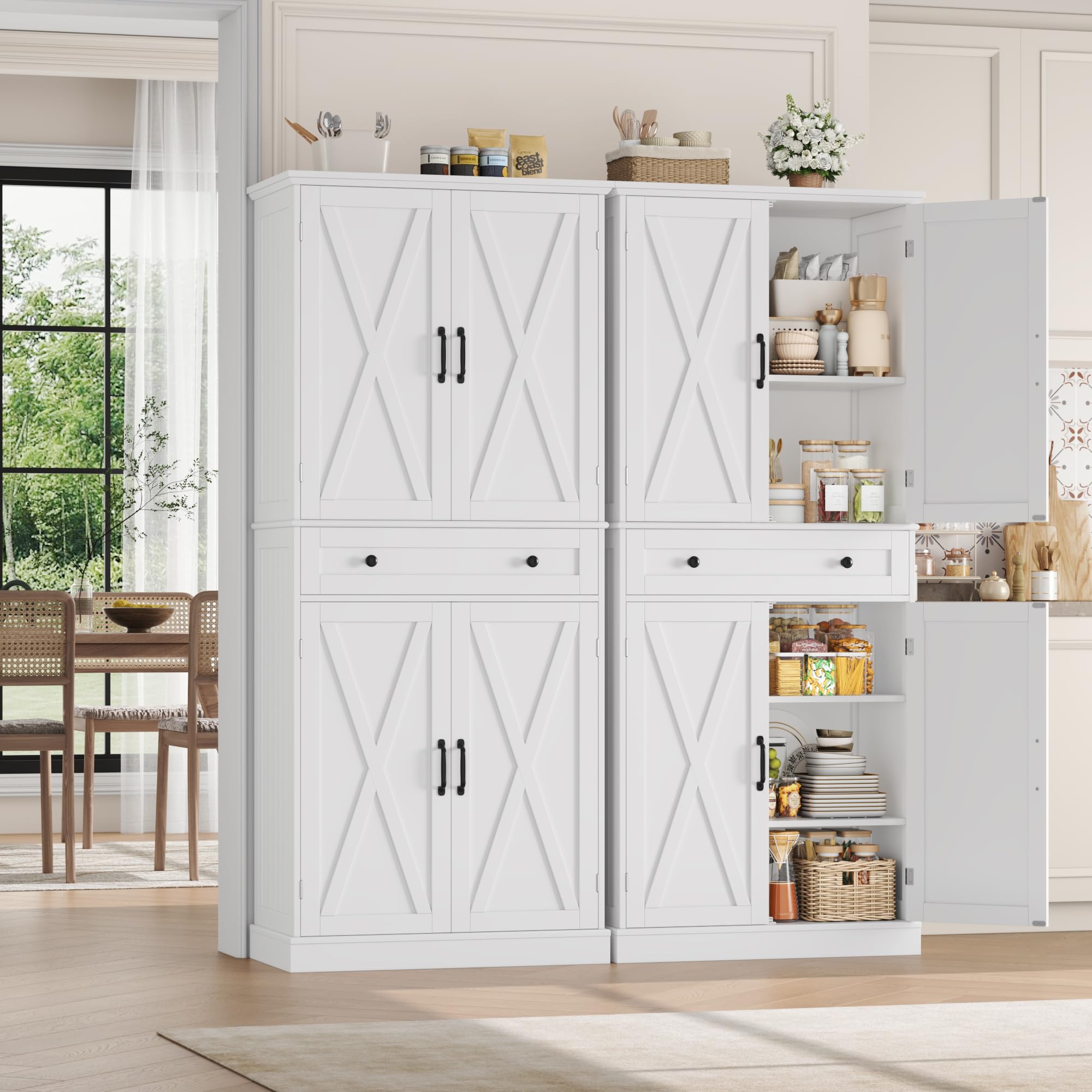 FirFurd Credenza Cucina Alta,Dispensa Cucina con 4 Ante e 1 Cassetti Bianco | Mobile Cucina Dispensa,Antiribaltamento Incluso,Design salvaspazio,Ingombro Ridotto,per Cucina, Soggiorno,78x40x181.5cm