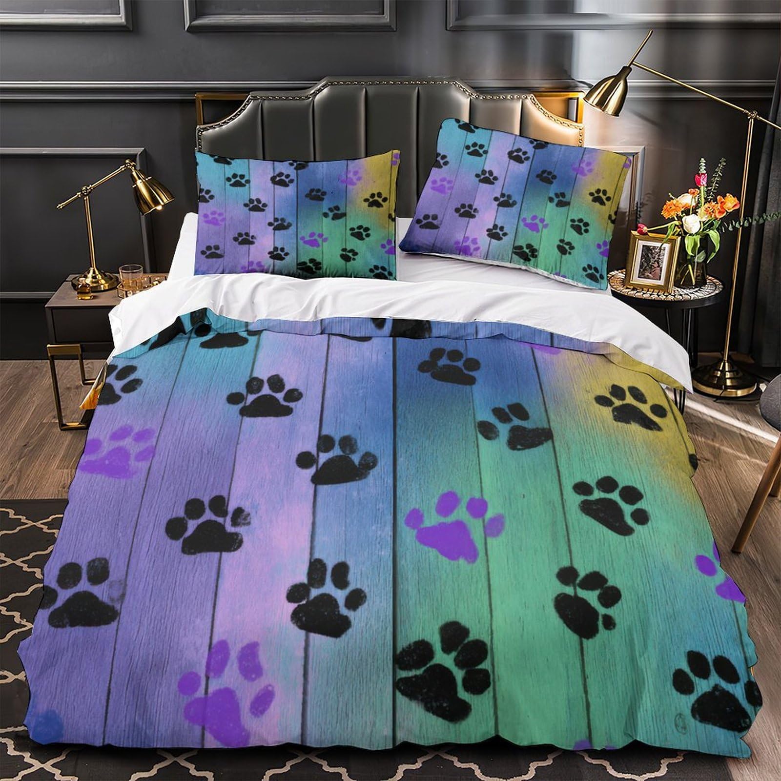 Parure de lit empreintes de pattes housse anti acarien hypoallergénique 135x200 pour sommeil sensible