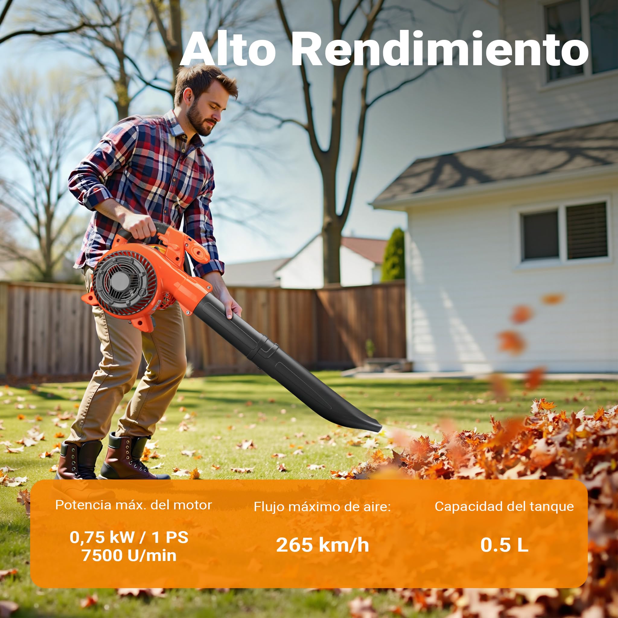 Soplador de Hojas 3-en-1 Aspirador de Hojas Triturador 1CV 26ccm con Bolsa 50L Herramienta jardín