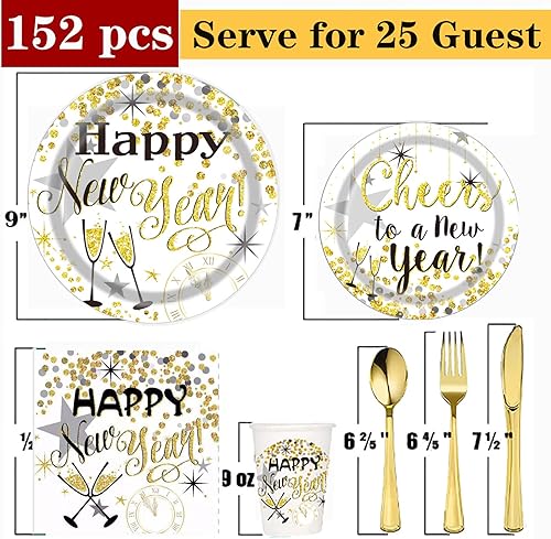 Miniatura 2 de PAMMYAN Juego de vajilla para fiesta de Año Nuevo 2024  Juego de vajilla desechable de 152 piezas, platos de papel dorado, servilletas, vasos,