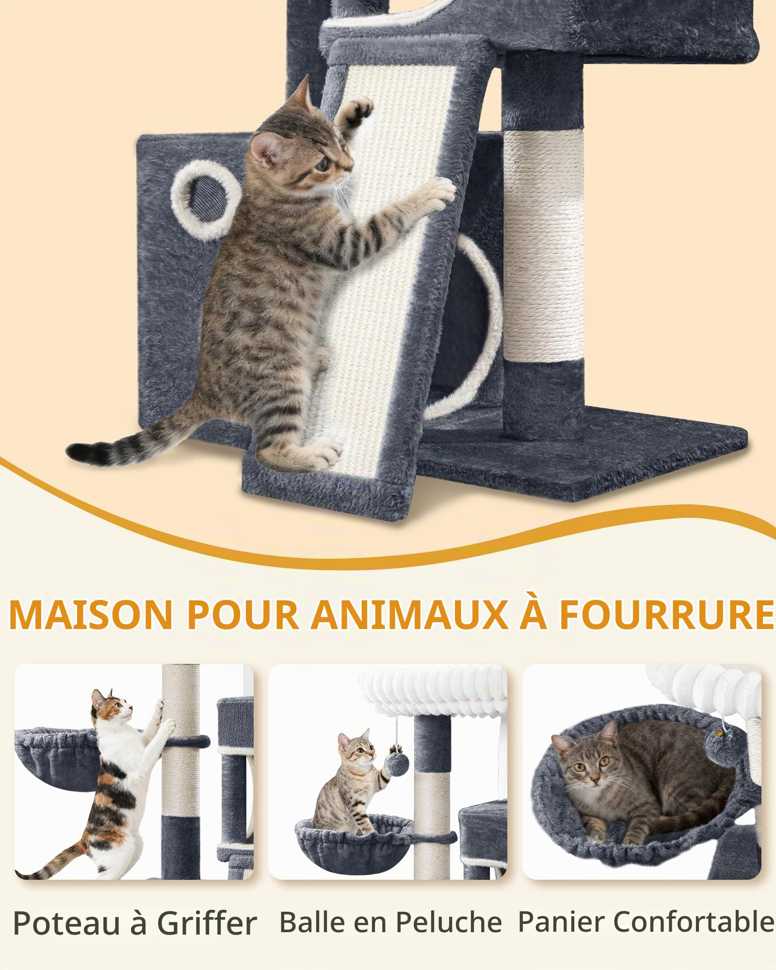 Hzuaneri Arbre a Chat, Petit Arbre à Chat de 113 cm, Spacieux et Stable, avec Grande Plateforme Souple, Pompons, Panier, Griffoir et Planche à Gratter, Gris Foncé MS11318SG
