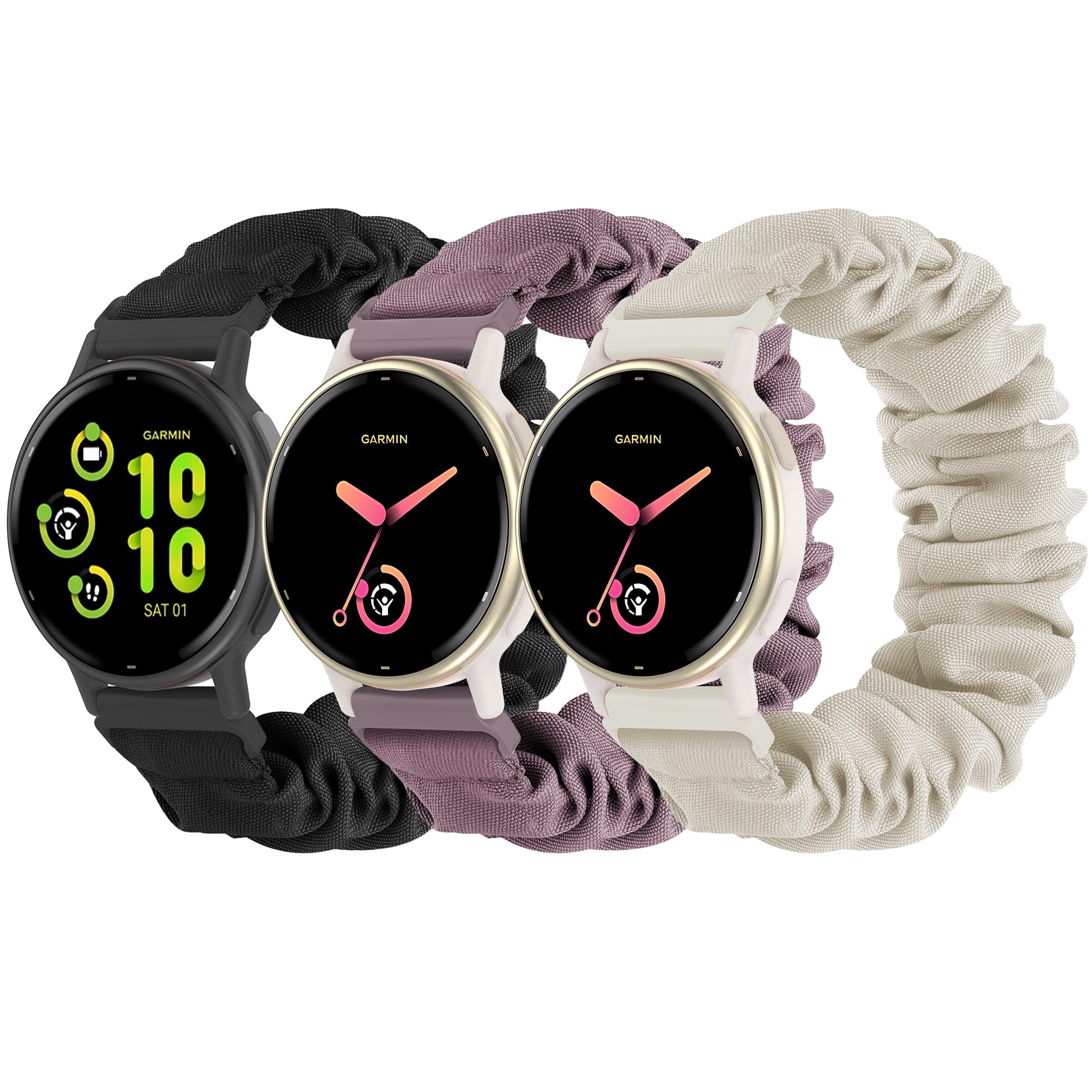 Photo 1 of Stretchy Scrunchie Bands Compatible with Garmin Vivoactive 5/6, 20mm Nylon Sport Elastic Band for Venu/Sq/Sq 2/2 Plus/Vivoactive 3/Forerunner 165/55/245 Music for Women Men?3 Pack ?