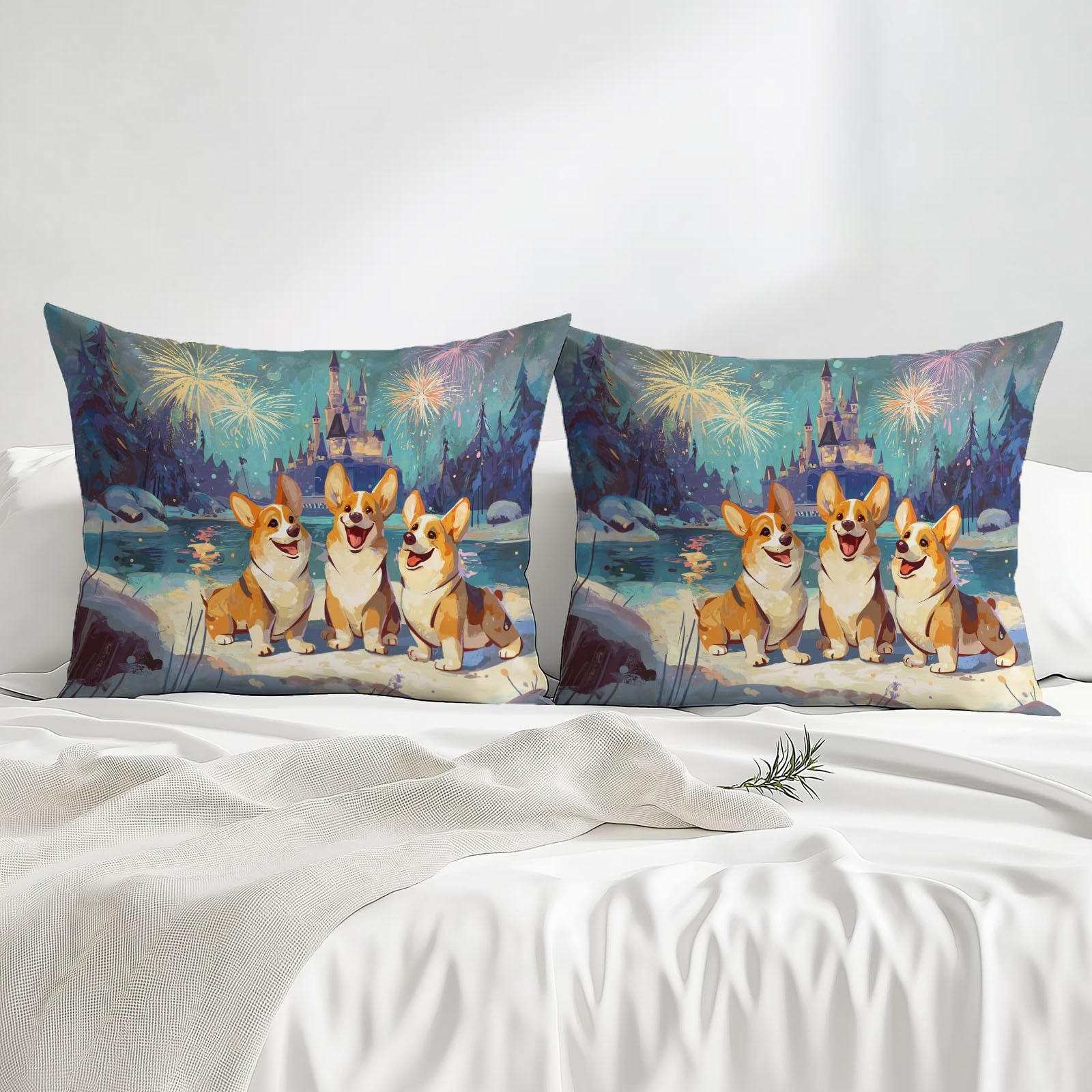 Niebieskie prześcieradło z gumką z mikrofibry, motyw Cartoon Corgi Burg, fajerwerki, z nadrukiem, ochraniacz na materac, wysokość boku do 30 cm (160 x 200 cm, 2 poszewki na poduszki)