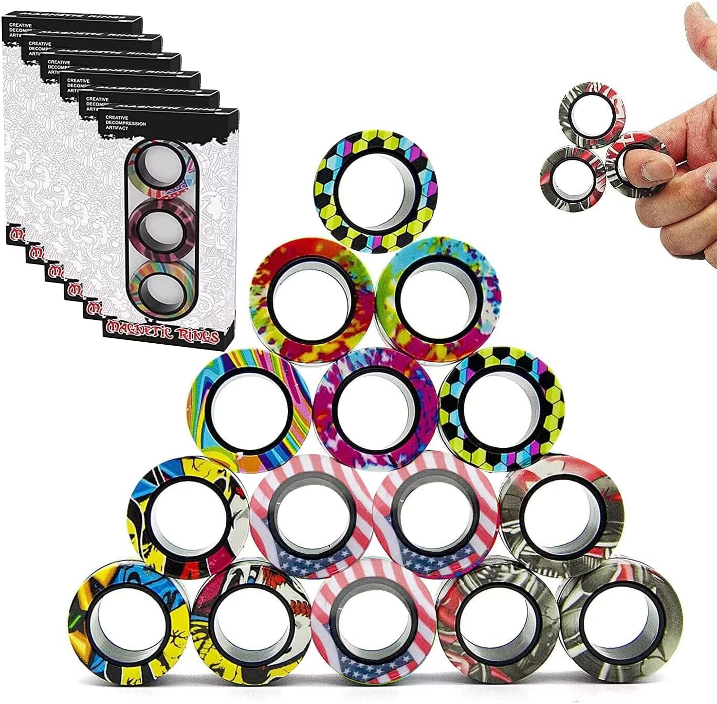 18Pcs Magnetic Rings Fidget Toys Spinner Set,Finger Magnet Rings Endless Hours of Fun ADHD Stress Relief Fidget Spinner for Training Relieves Autism Anxiety Great Birthday Gifts for Adults Teens Kids