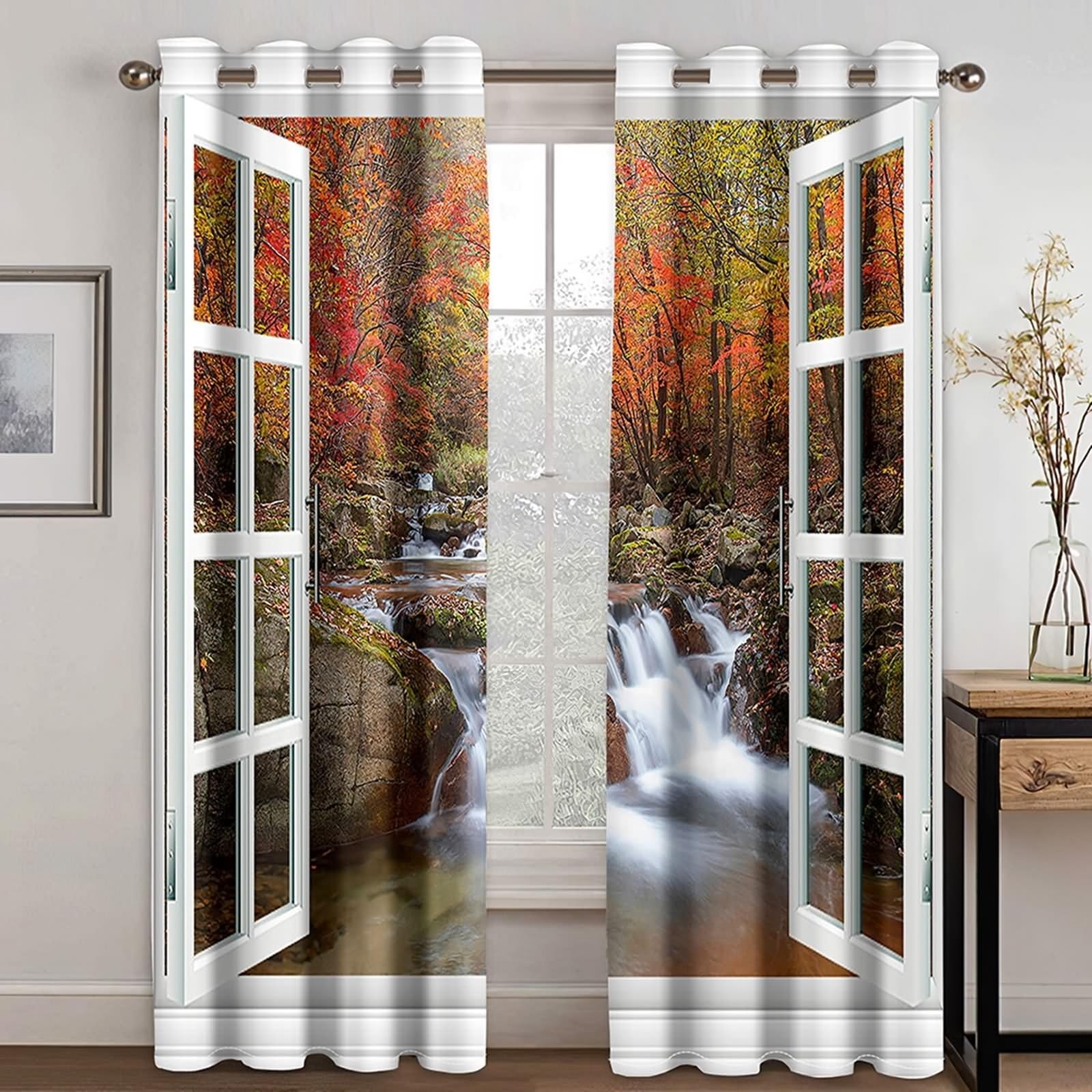 Zasłona zaciemniająca okno kuchnia, zasłona zaciemniająca salon wielokolorowy naturalny krajobraz i poliestrowa rama okienna 2 panele 172 x 214 cm