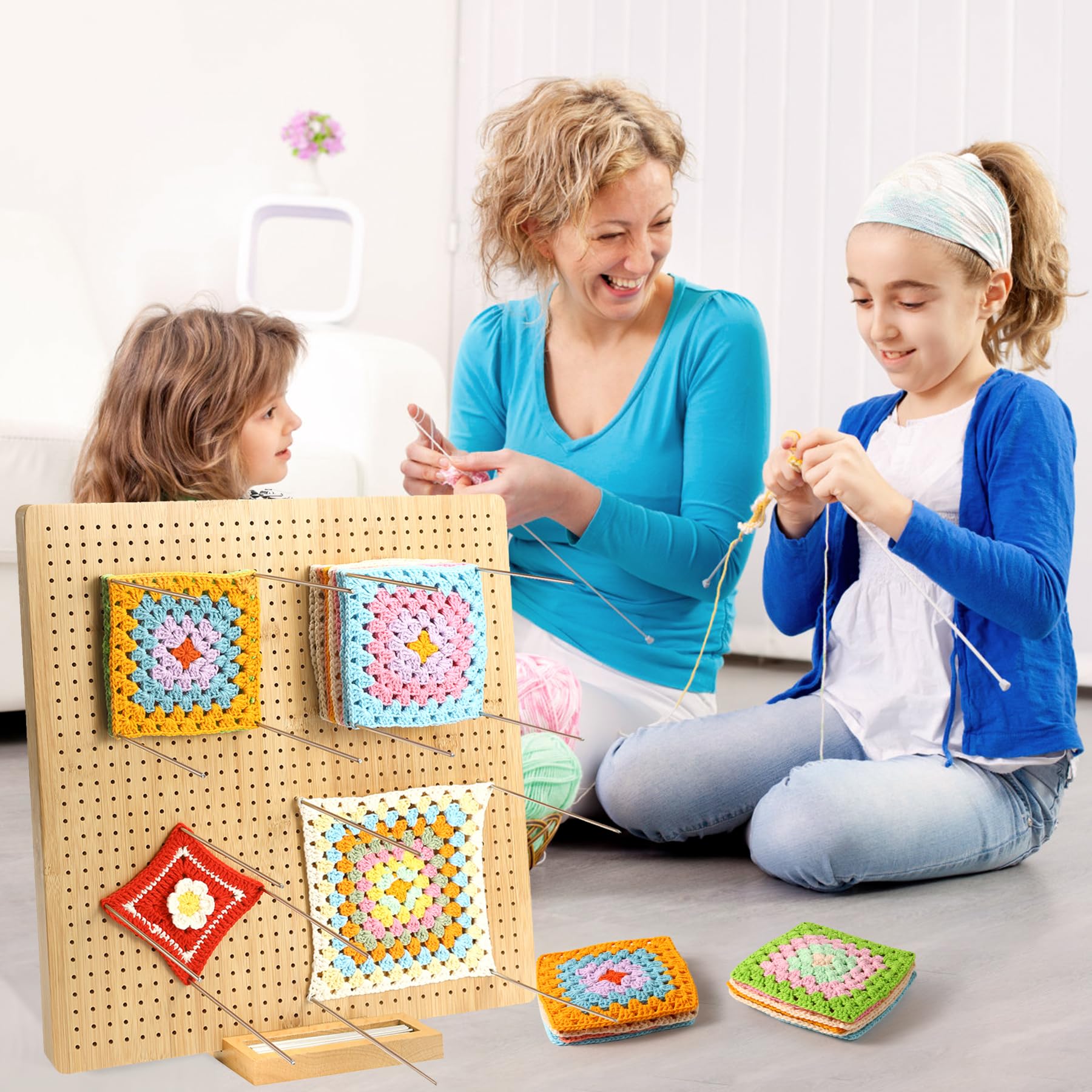 Blokkeerplank voor granny squares,19.5 x 19.5 cm Blokkeerplank voor haken met 20 roestvrijstalen staven en 5 naalden,houten blokkeerplanken,voor het opspannen van granny squares,brei- en haakprojecten