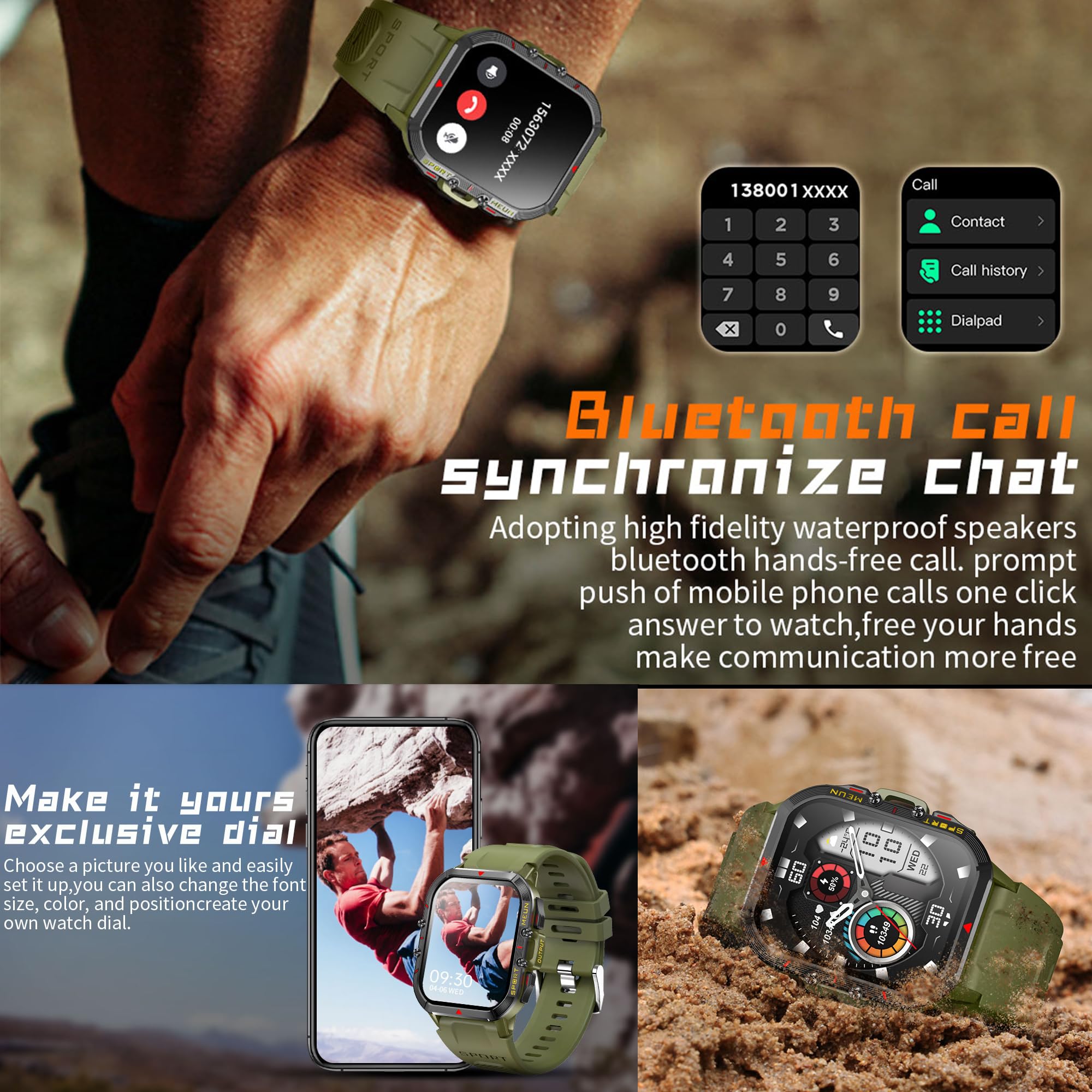Smartwatch Mężczyźni, 1,96'' HD Inteligentny Zegarek Który Może Wykonywać i Odbierać Połączenia, zegarek Tracker Fitness Monitor Uśpienia Krokomierz Sportowy Kompatybilny z Android IOS