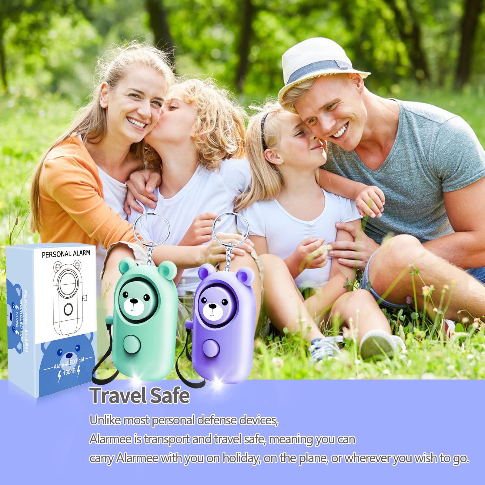 Allarme personale per donne, bambini e anziani, suono sicuro, sirena di emergenza da 130 dB, allarme di sicurezza autodifesa, portachiavi ad alta voce con luce LED (smeraldo + viola)