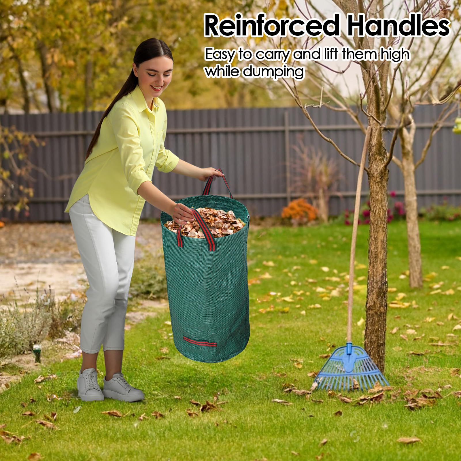 Confezione da 3 sacchetti per rifiuti da giardino, riutilizzabili, resistenti, pieghevoli, con anello in plastica, con guanti da giardinaggio, cestino per rifiuti da cortile, per foglie, detriti del