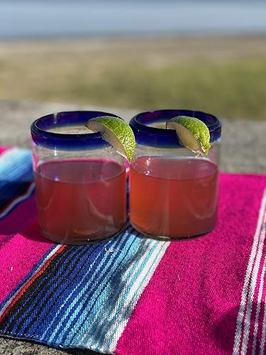 Miniatura 6 de Vasos mexicanos soplados a mano, juego de 6 vasos con bordes azul cobalto (10 onzas cada uno)