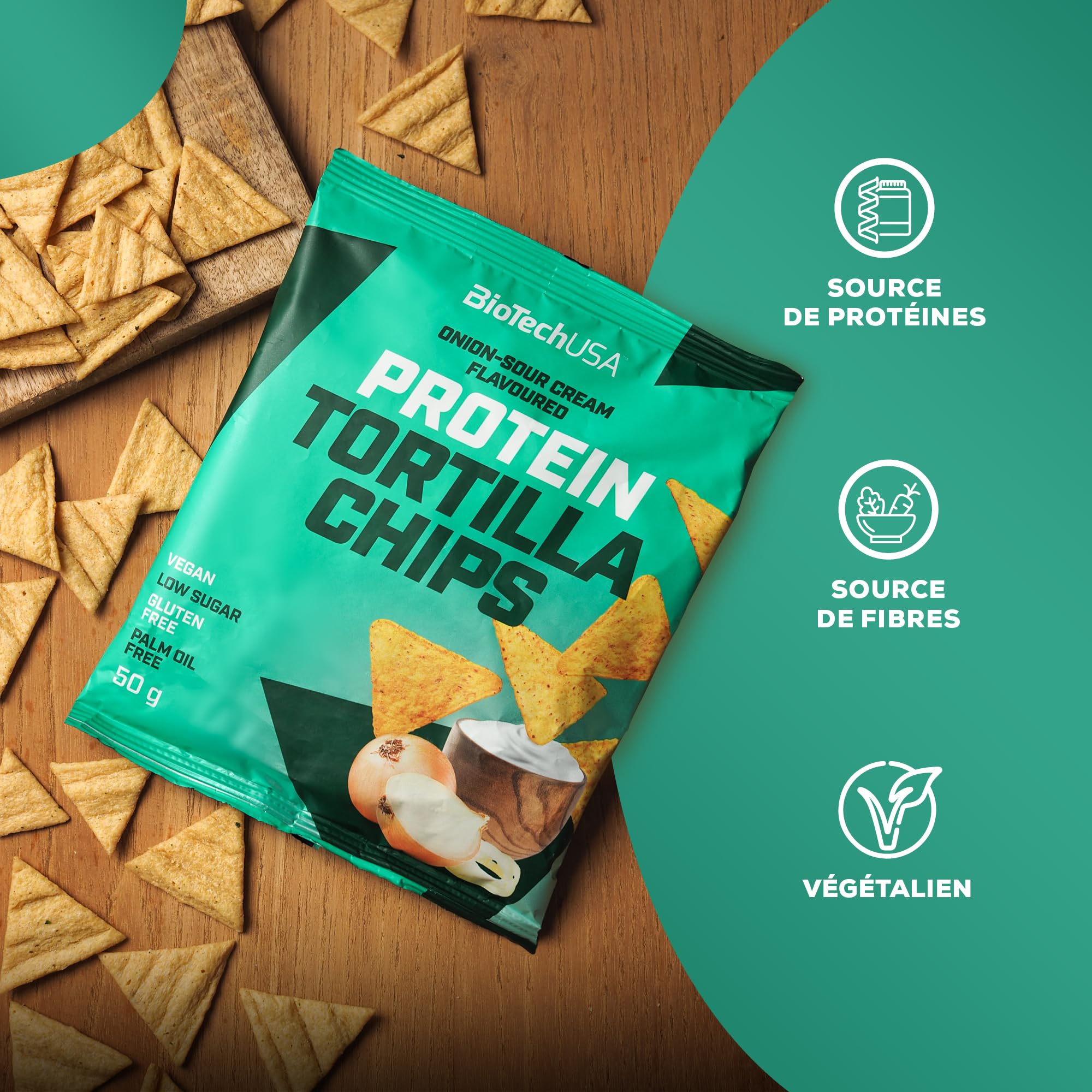 BioTechUSA Protein Tortilla Chips | Source de protéines | Protéines d'avoine et de pois | Végétalien | Sans conservateur, 3 * 50g, Crème et oignon