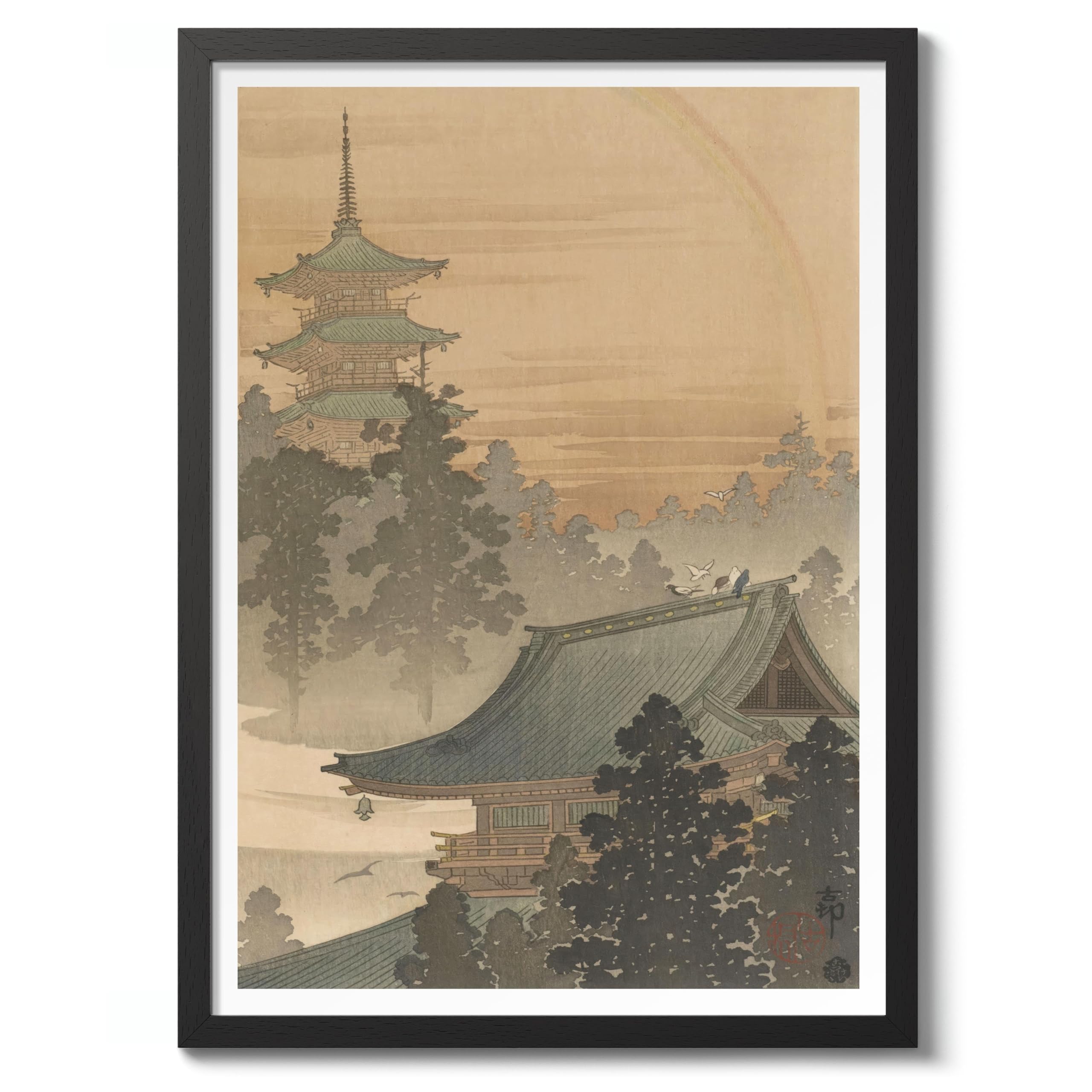 Pagoda & Temple Ohara Koson Poster, Japanese Woodblock Ukiyo-E Print, Vintage Nature Art Picture Animal Painting Wall Art Exhibition, Japan Artwork Home Decor, A2 (Black Frame) - 62.5x45.1cm — image 1
