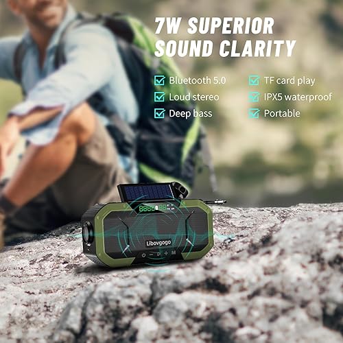 Miniatura 5 de Radio de emergencia Altavoz Bluetooth impermeable, radio FM digital portátil con linterna, lámpara de lectura, radio meteorológica NOAA con panel
