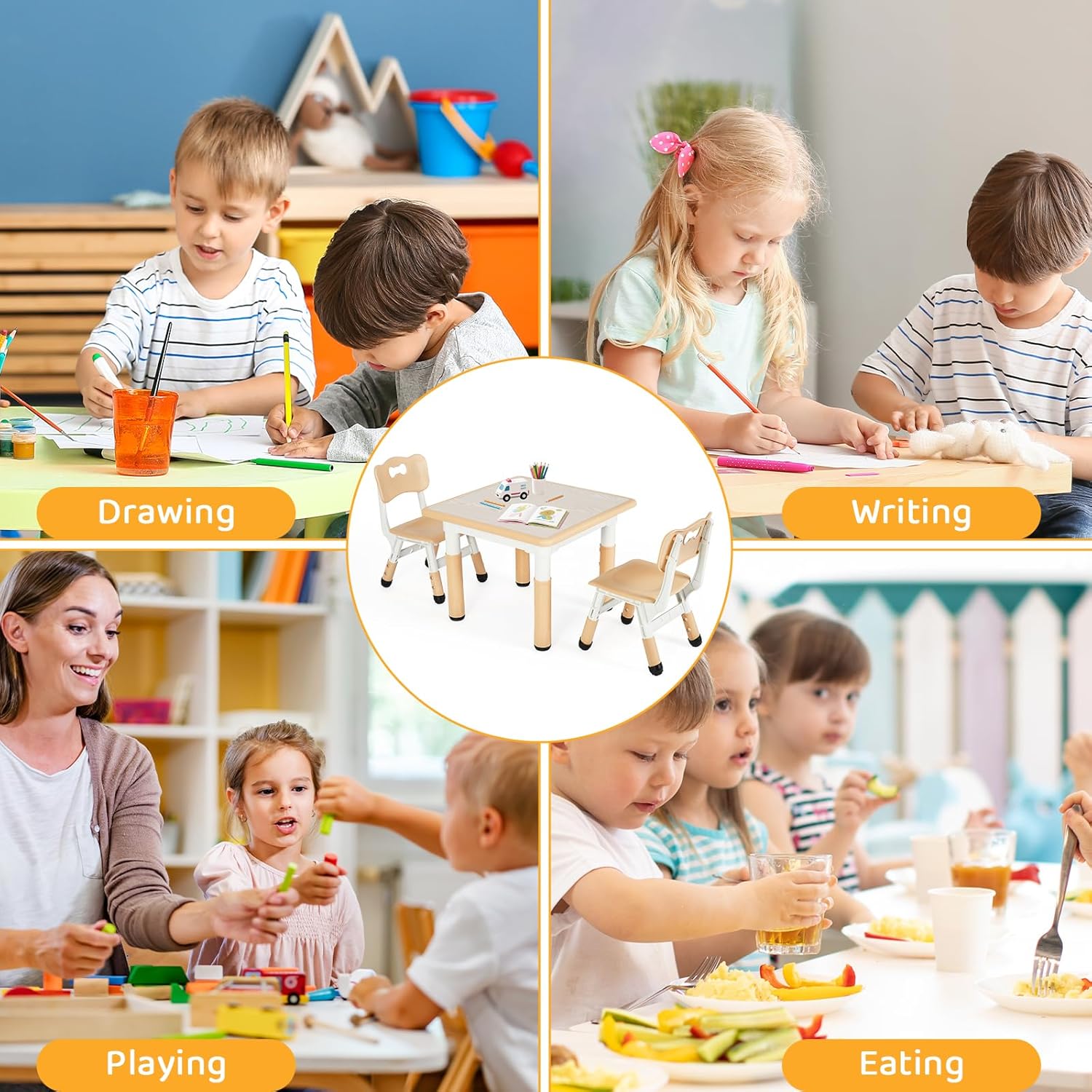 Arlopu Kids Table and 2 Chairs Set, Height Adjustable Toddler Desk, Baby Activity Art Table with Wipe-Clean Desktop, Ergonomic Chair, Anti-Slip Legs, Montessori Education for Daycare, Home, Preschool