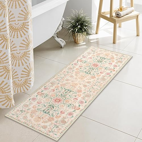 Miniatura 6 de Uphome Alfombra de baño larga con estampado floral beige, suave, antideslizante, lavable a máquina, estilo bohemio, estético, para baño, fregadero,