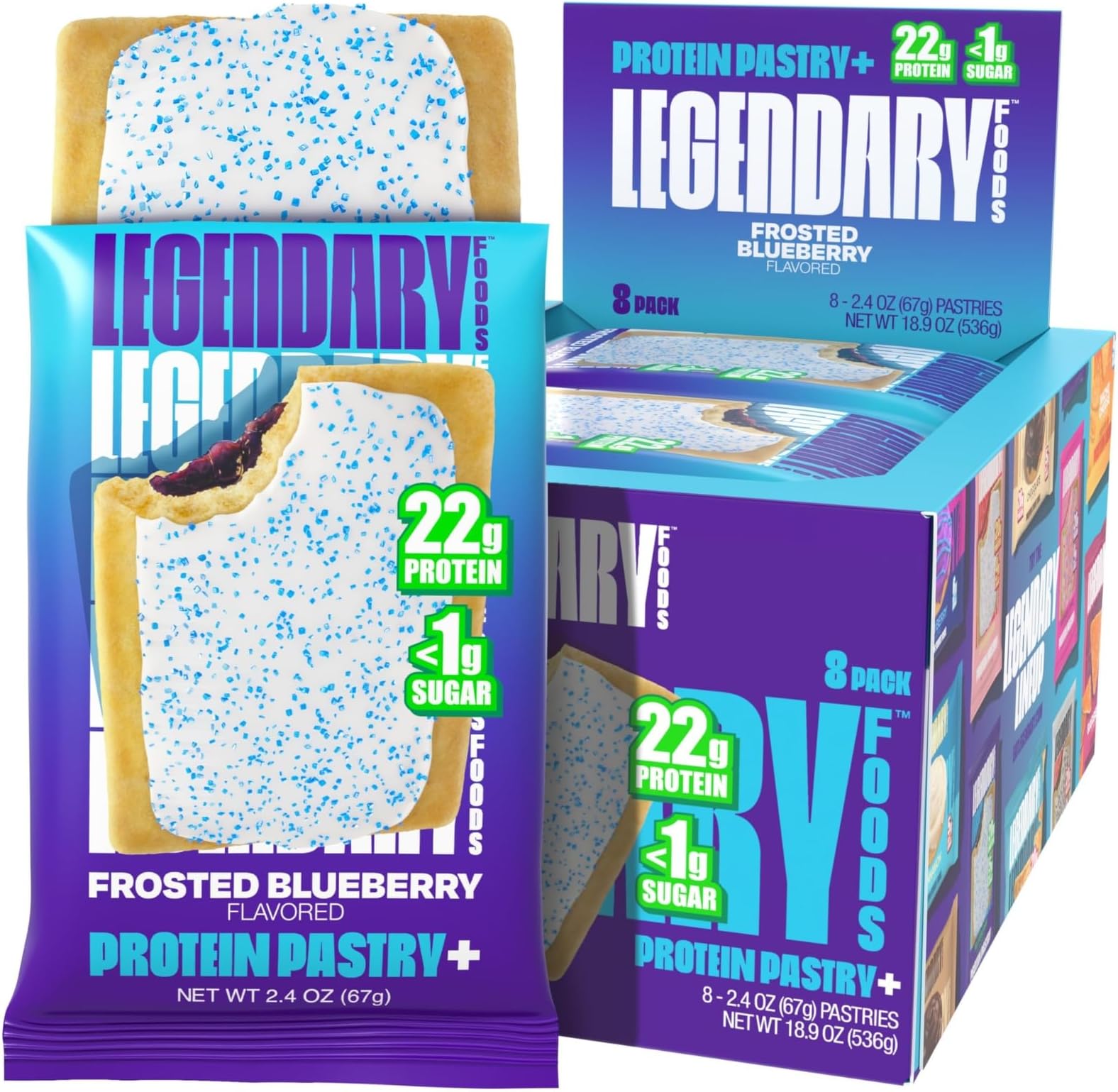 22g Protein Pastry 0g Added Sugar, Low Carb, Gluten Conscious, Keto Snack, Ideal for Glucose Management, Includes Whey Protein Isolate, 8 Pack Frosted Blueberry