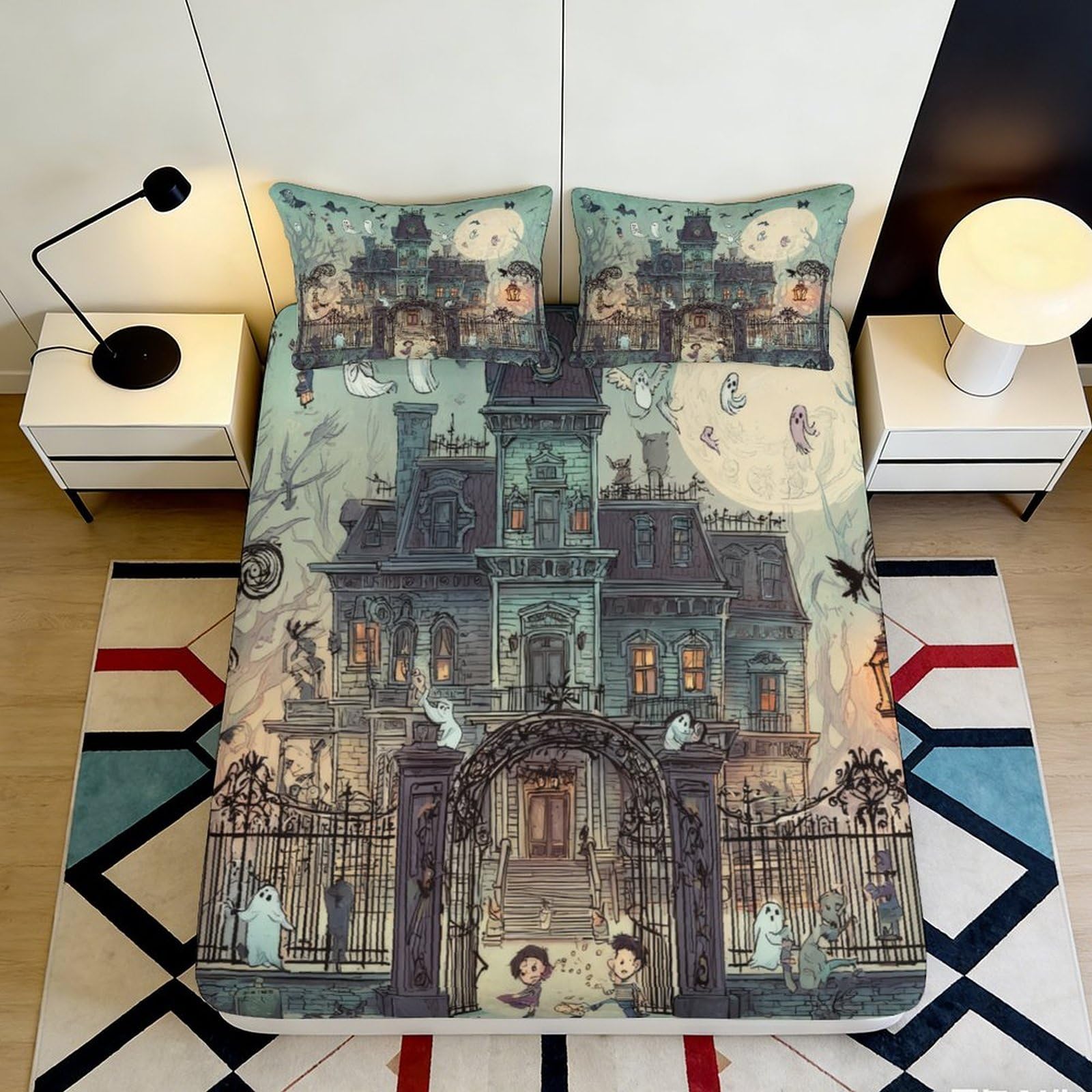 3D Printed Haunted Mansion Fitted Sheet Microfiber Soft Ghost Castle Bed Cover for Bedroom Guest Room Mattress Protection 90x200x25cm