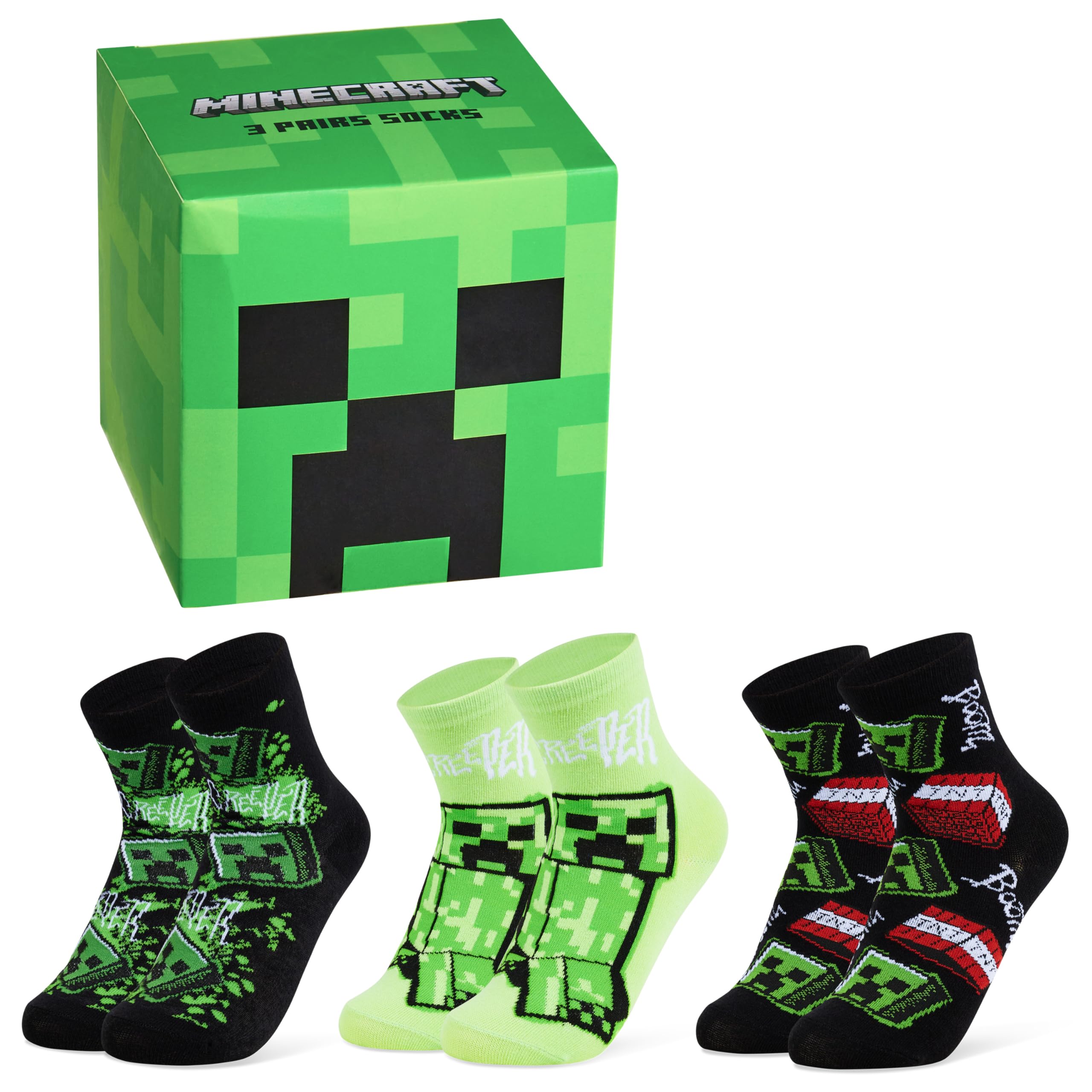 Minecraft Boys Green Cube - 3 Pack Calf Length Socks, Soft Breathable Creeper Everyday Sports School Socks Multipack - Gifts For Gamers(Green Cube/3 Pack, 12/3 Uk, 6-9 Years)
