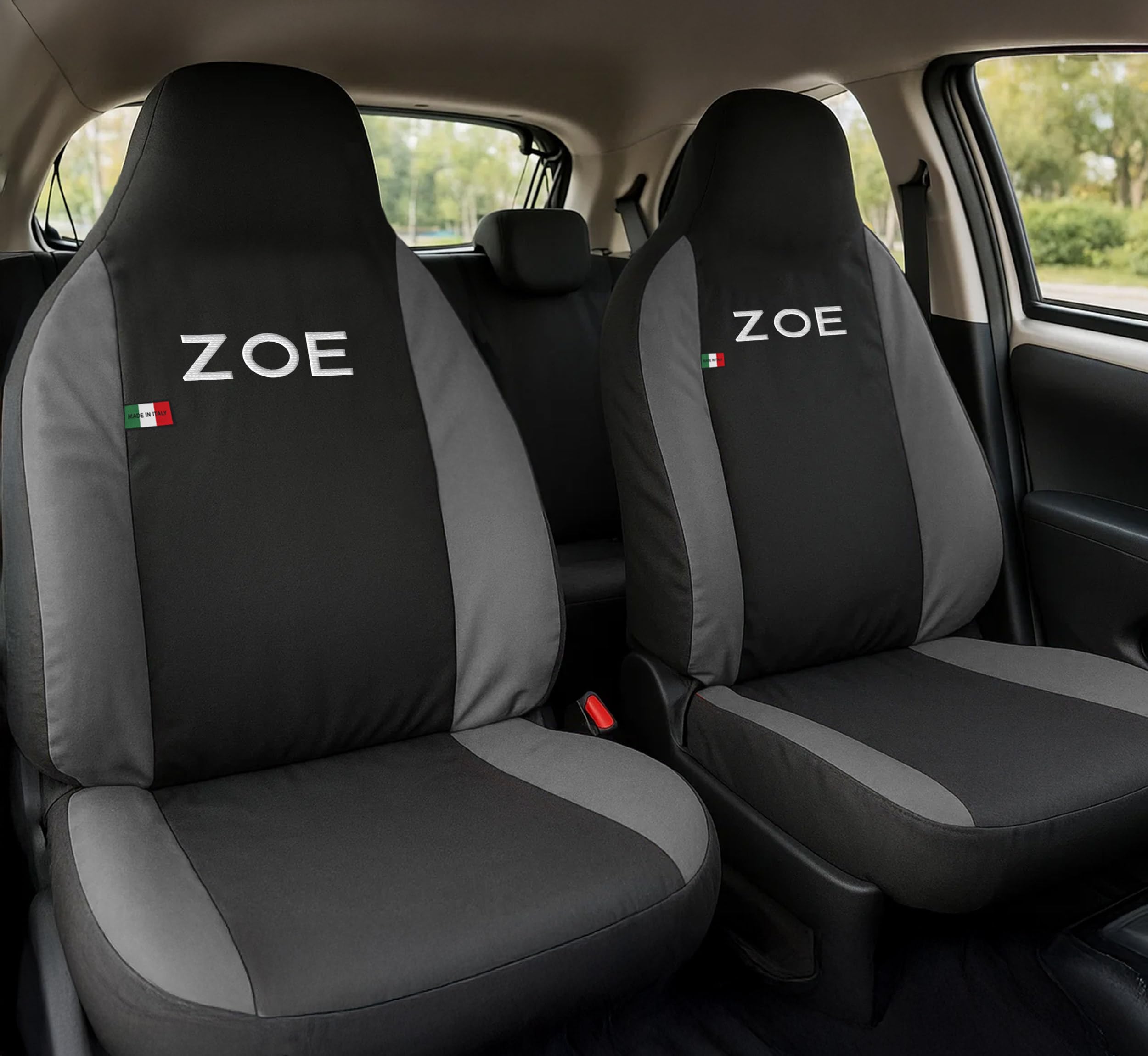 Auto Accessori Lupex Auto-Sitzbezüge, kompatibel mit Zoe | Kopfstützenbezüge enthalten | Made in Italy | Sitzbezug-Set vorne und hinten | gesticktes Logo | Innenraum (Schwarz/Dunkelgrau)
