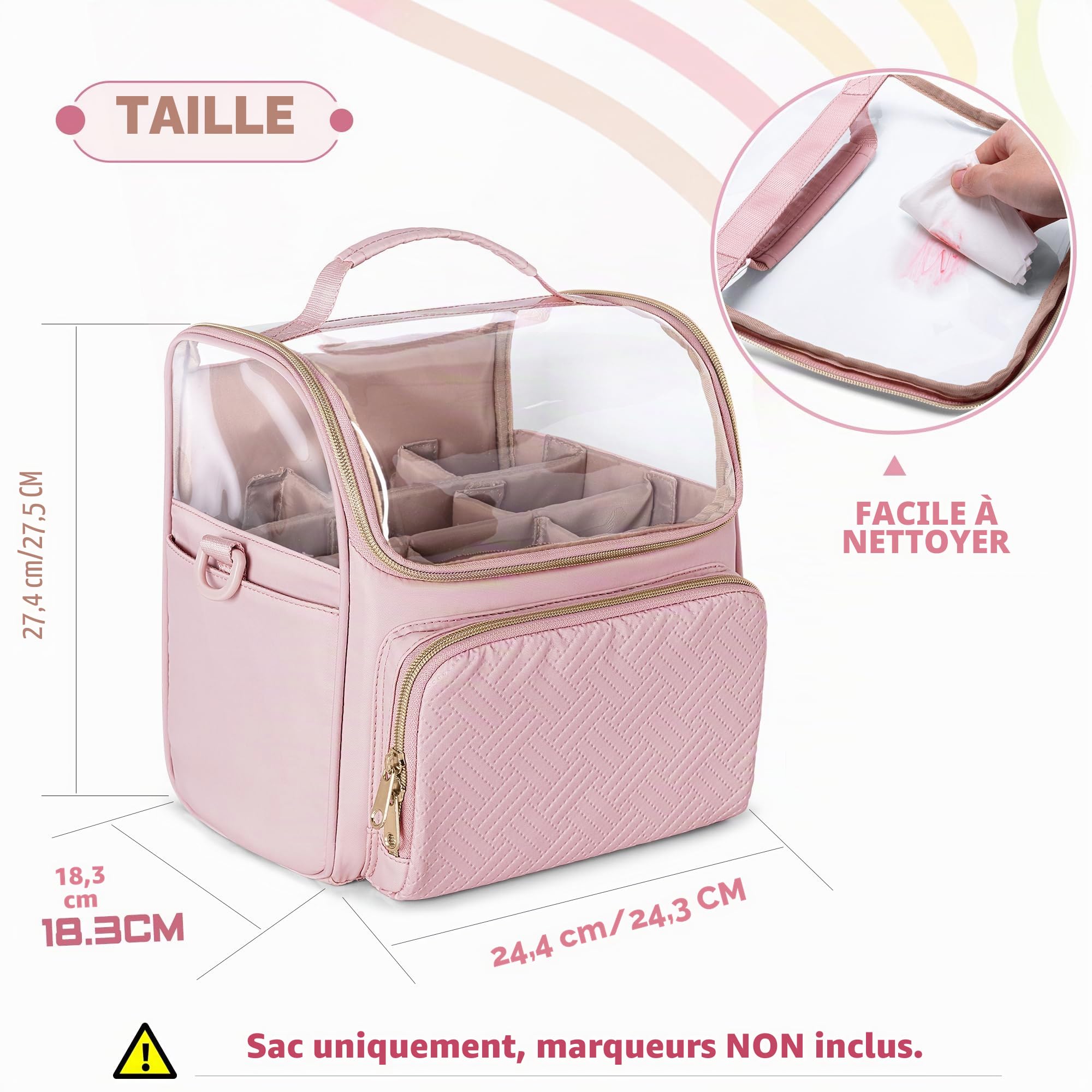 Rexmica Grand Étui de Rangement pour 180 Marqueurs, Organisateur de Marqueur à Alcool avec Séparateurs et 4 Poches pour Marqueurs à Peinture ou Autres Fournitures Artistiques, Rose (Sac Seulement)