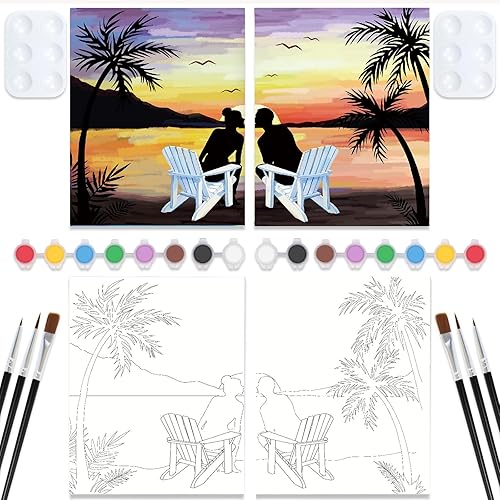 Miniatura 2 de Nuberlic Paquete de 2 lienzos predibujados para pintar sorbos y pintar para parejas de adultos, kit de pintura y sorbo para fiesta al aire libre,