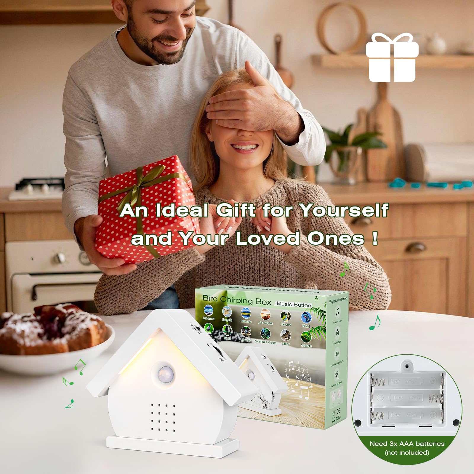 Boîte à Détecteur de Mouvement, Boîte à Chants d'oiseaux Boîte à Sons Naturels avec Lumières LED, Minuterie, 12 Chansons Apaisantes, pour Salle de Bain, Maison, Détente pour Adultes (White)