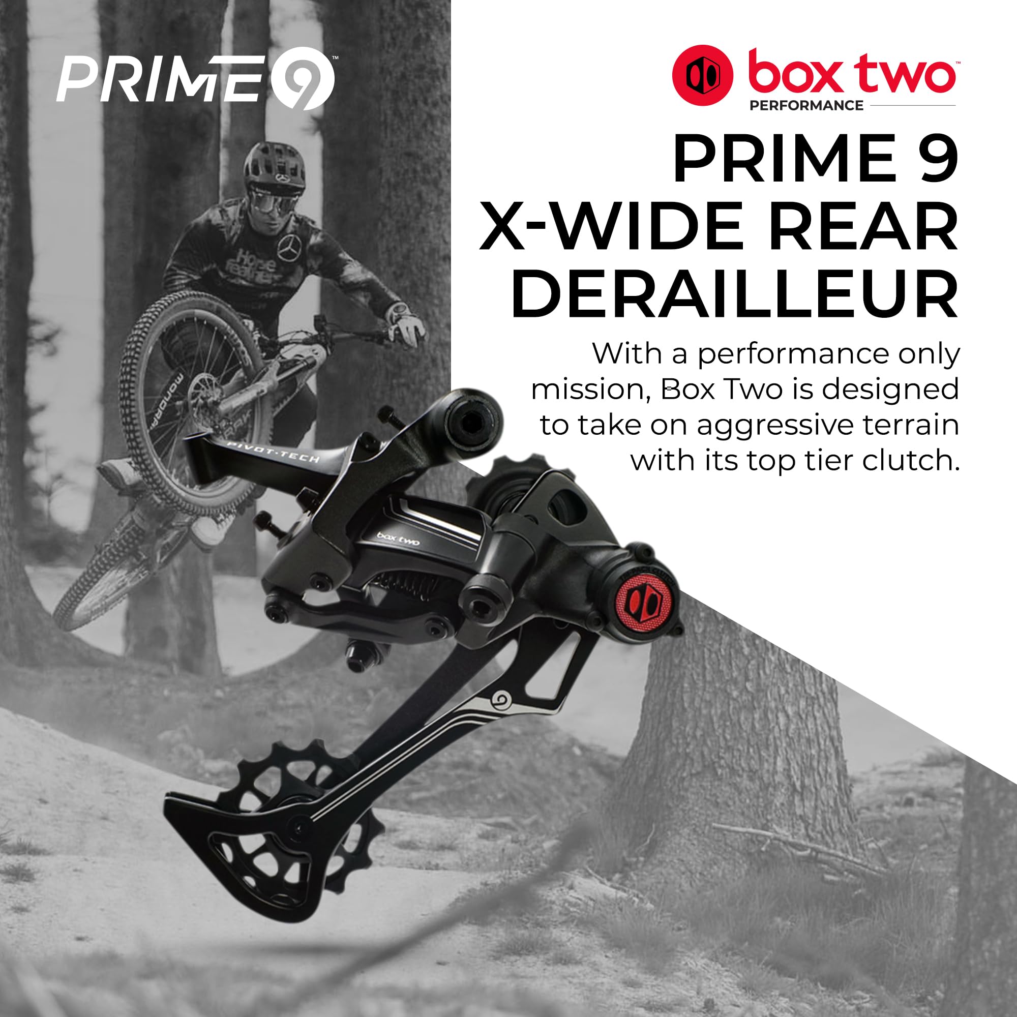 Box Dos Prime 9 X-Wide - Desviador trasero para bicicletas de montaña, montaje no directo para bicicleta de montaña, poleas de buje selladas de ónix duro brillante con acabado de ciclismo, color negro