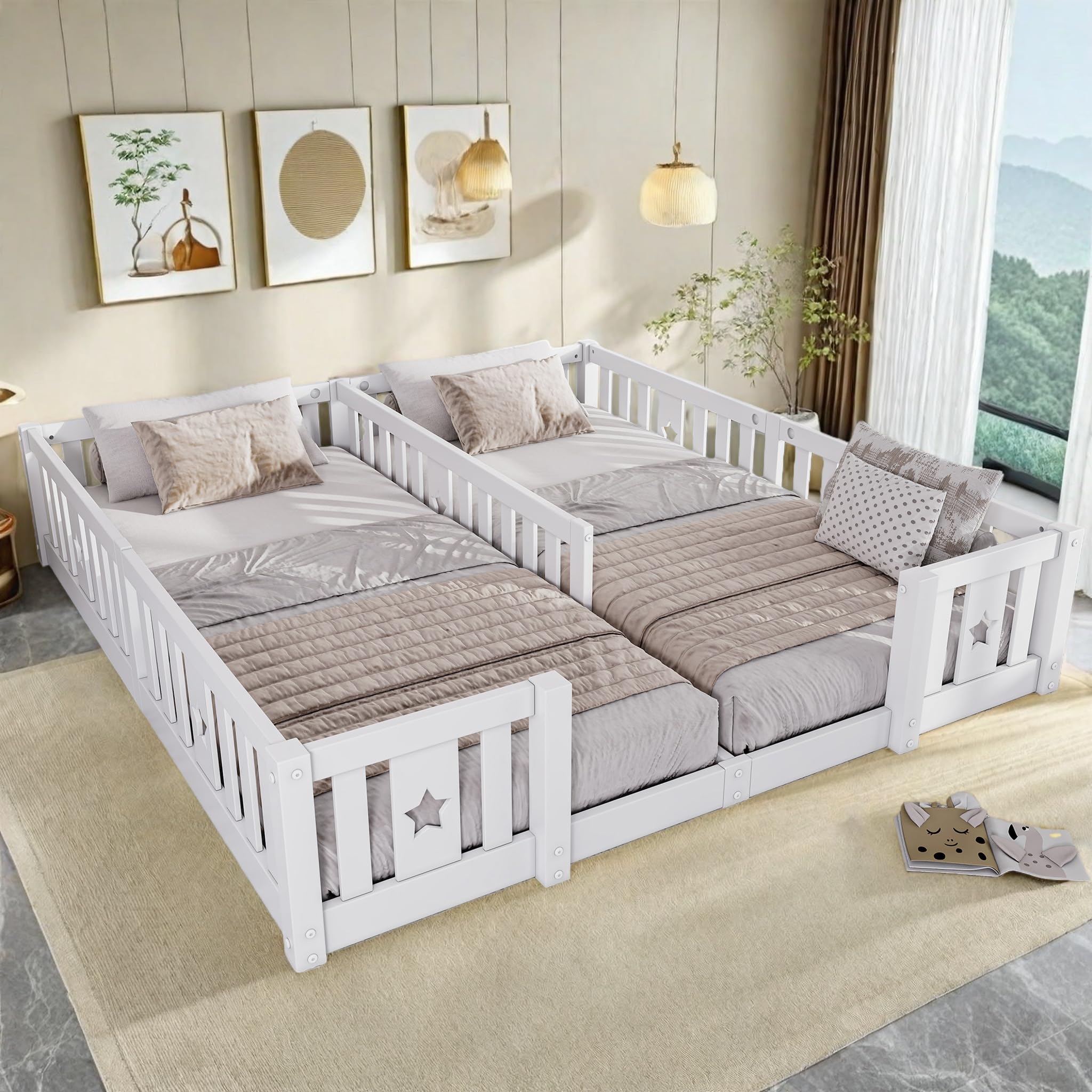 Kinderbett Bodenbett 180x200 cm, Montessori Bett mit Rausfallschutz, Massivholz Gitterbett, Babybett Kinder Jugendbett Doppelbett für Jungen & Mädchen, niedrige Einstiegshöhe (Ohne Lattenrost) (Weiß)