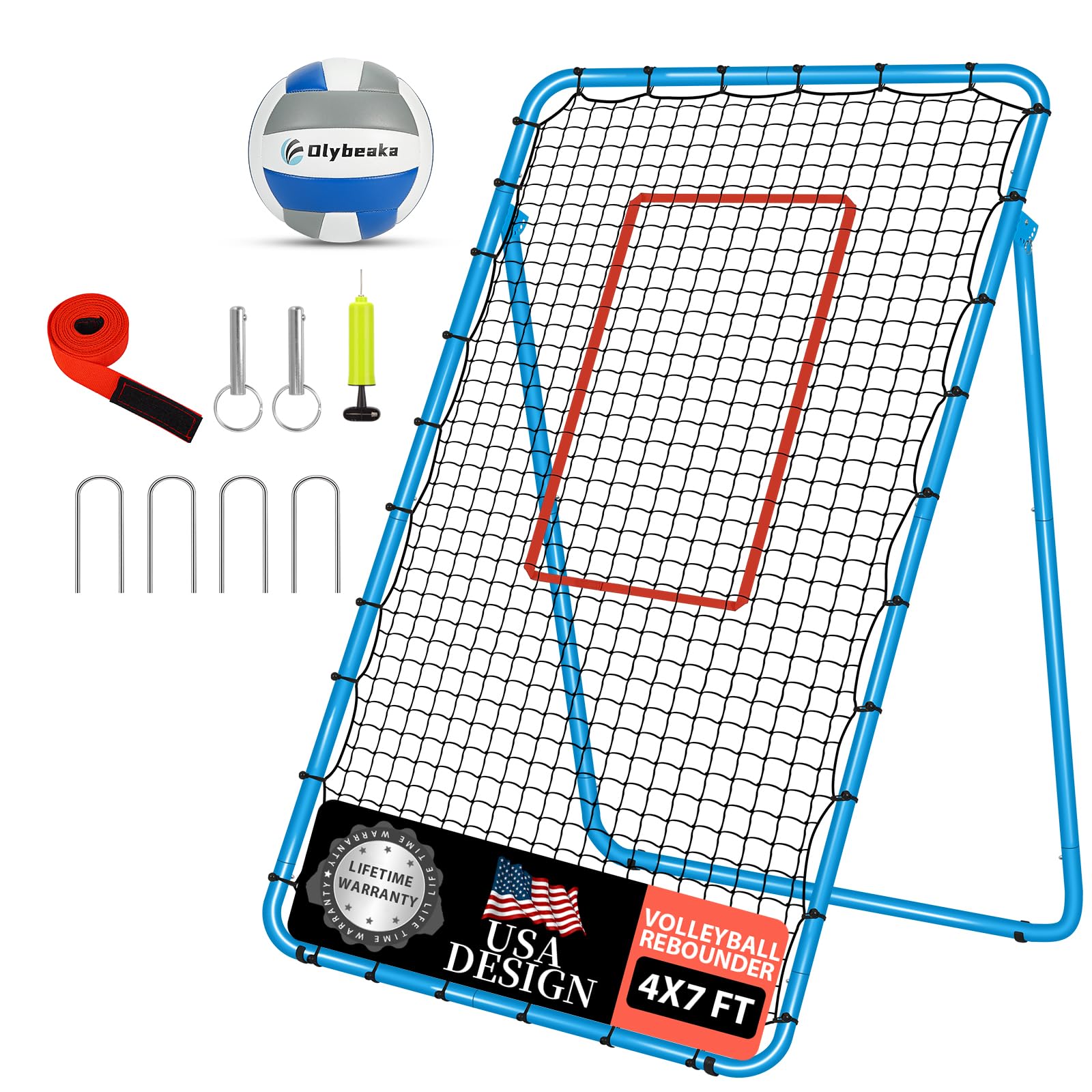 adjustable volleyball rebounder net 7x4 ft with pu volleyball and stakes - bounce back training equipment for practicing volleying, bumping, spiking, easy set up & steady for multi sports