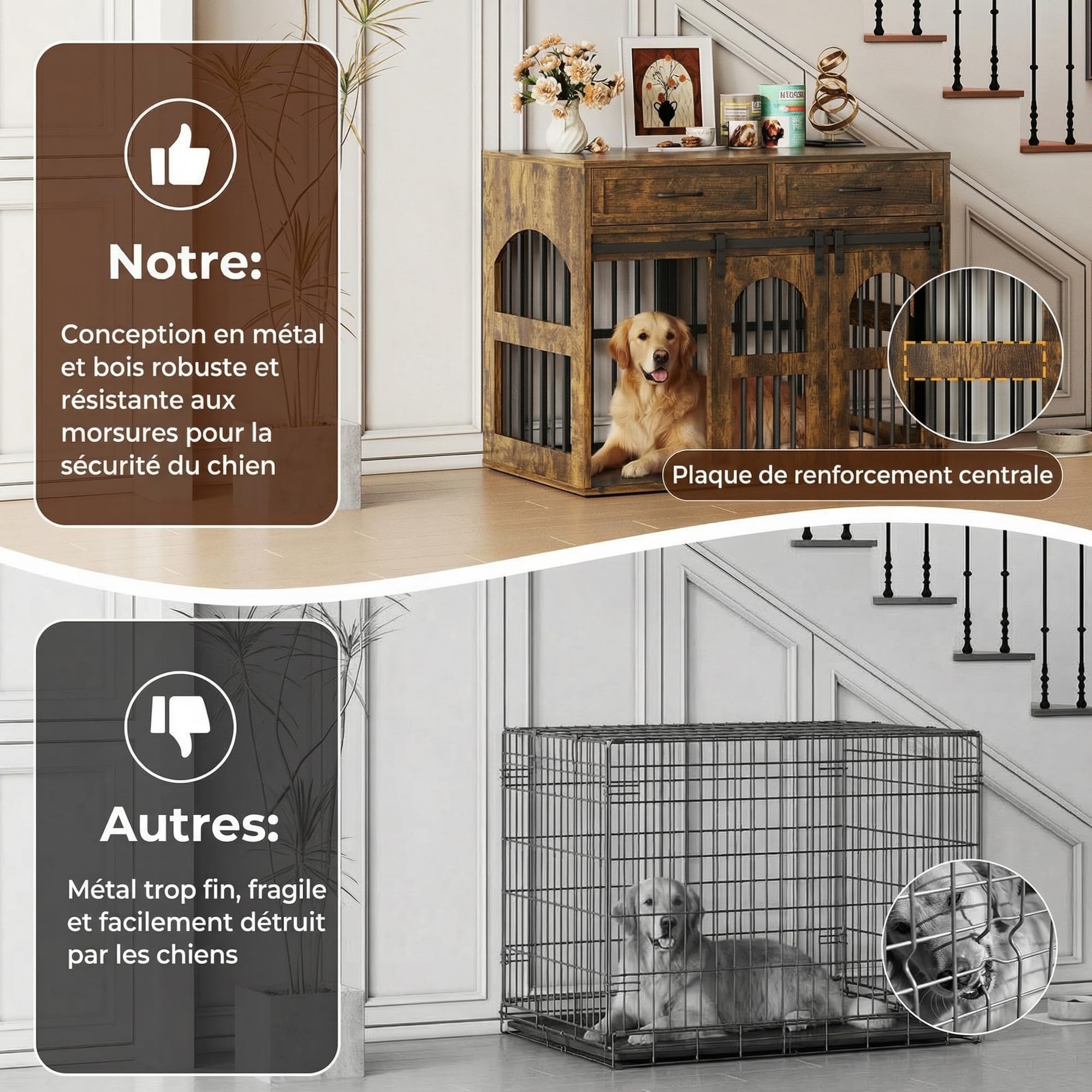 IRONCK Cage pour Chien, Meuble Cage Chien, Coffre en Bois Niche pour Chien Intérieur avec 2 Tiroirs et Cloison, Table d’Appoint 2 Portes pour Chien, 106x68x88cm
