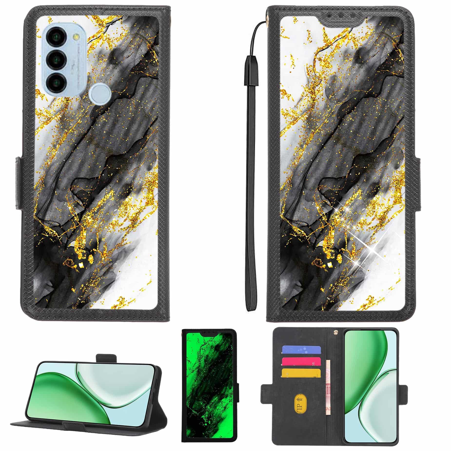 Case Compatible for Symphony Z55 Phone Case Flip Cover [with Tempered Glass Screen Protector][RFID Blocking][Gold Glitter+Luminous] LPT-HDL