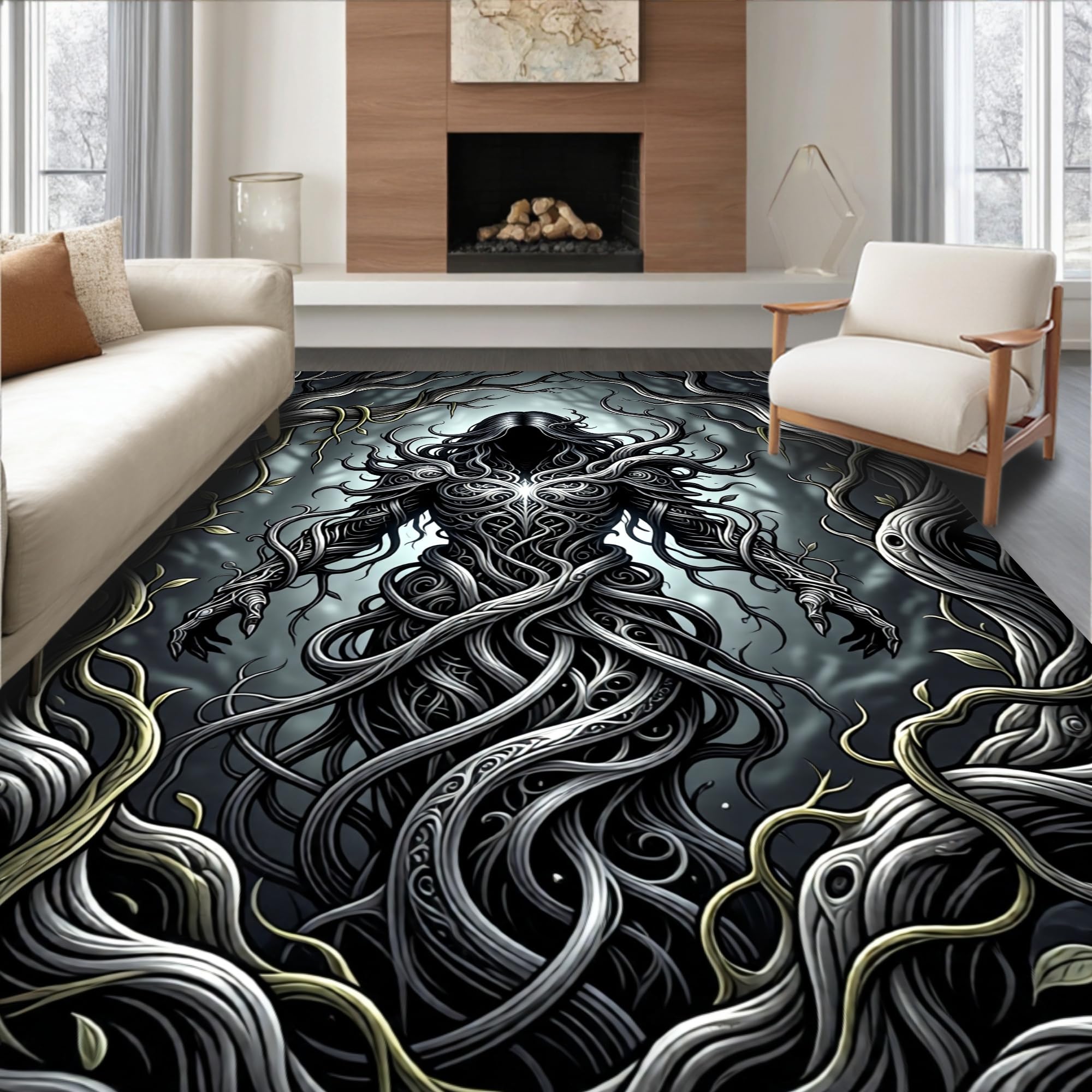 Low Pile Flatwoven Area Rug 4x6, Ethereal Phantom Duo with Creeping Vines and Twisted Branches, Machine Washable, Stain Resistant Indoor Rug for Living Room, Bedroom, Non Slip(Black, 4x6)