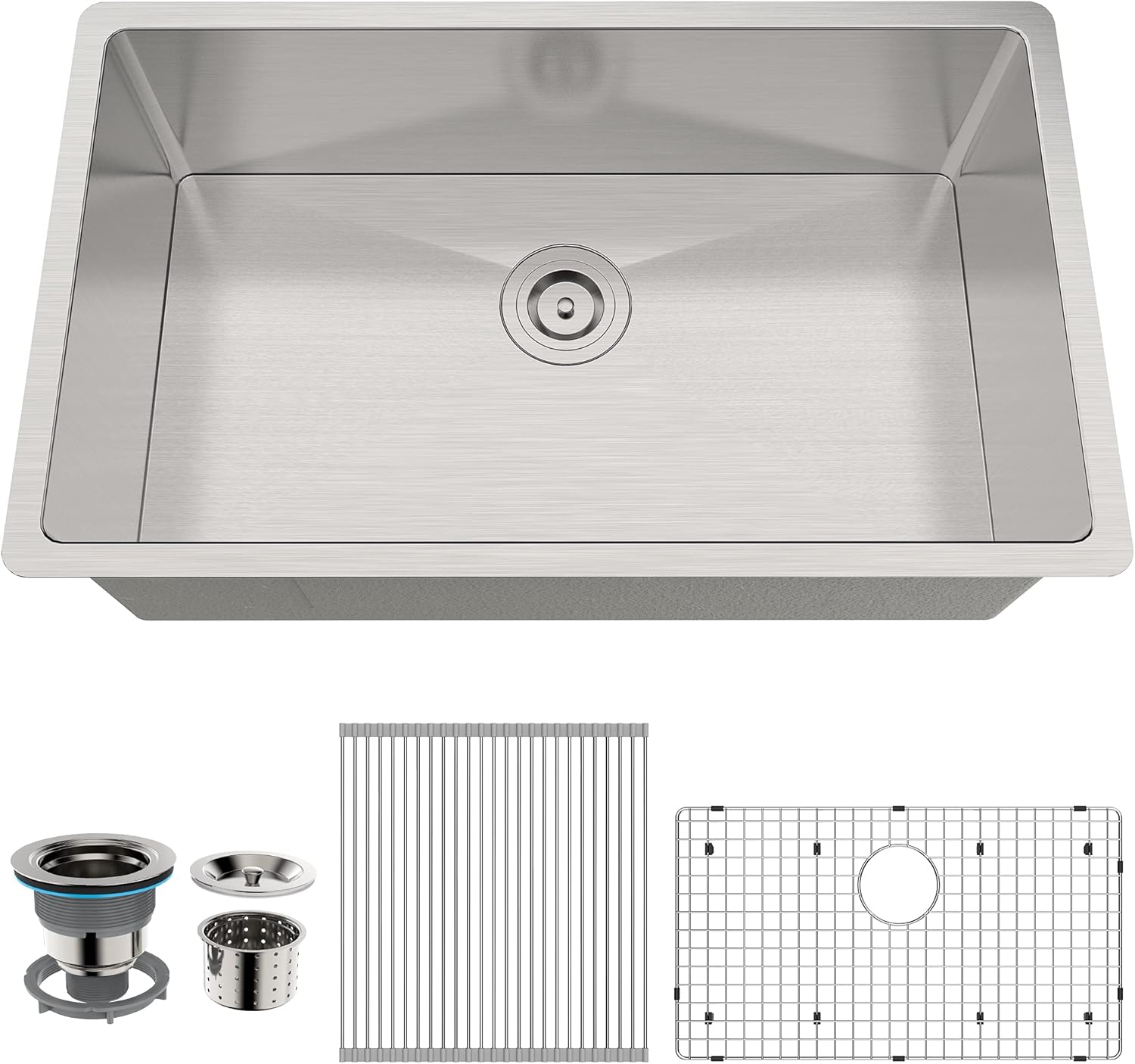Hоttеѕt Sаlеѕ 28 Inch Kitchen Sink, Undermount Single Bowl Kitchen Sink, 16 Gague 304 Stainless Steel Sink with Roll Up Dish Drying Drainer & Strainer & Bottom Grid, 28"×18"×10"