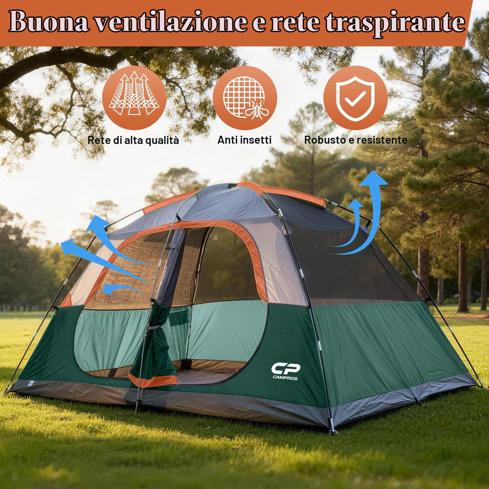 CAMPROS CP Tenda da campeggio per 6/8 persone, impermeabile, antivento, tenda a cupola per famiglie con copertura superiore antipioggia, grandi finestre a rete, doppio strato, facile da montare