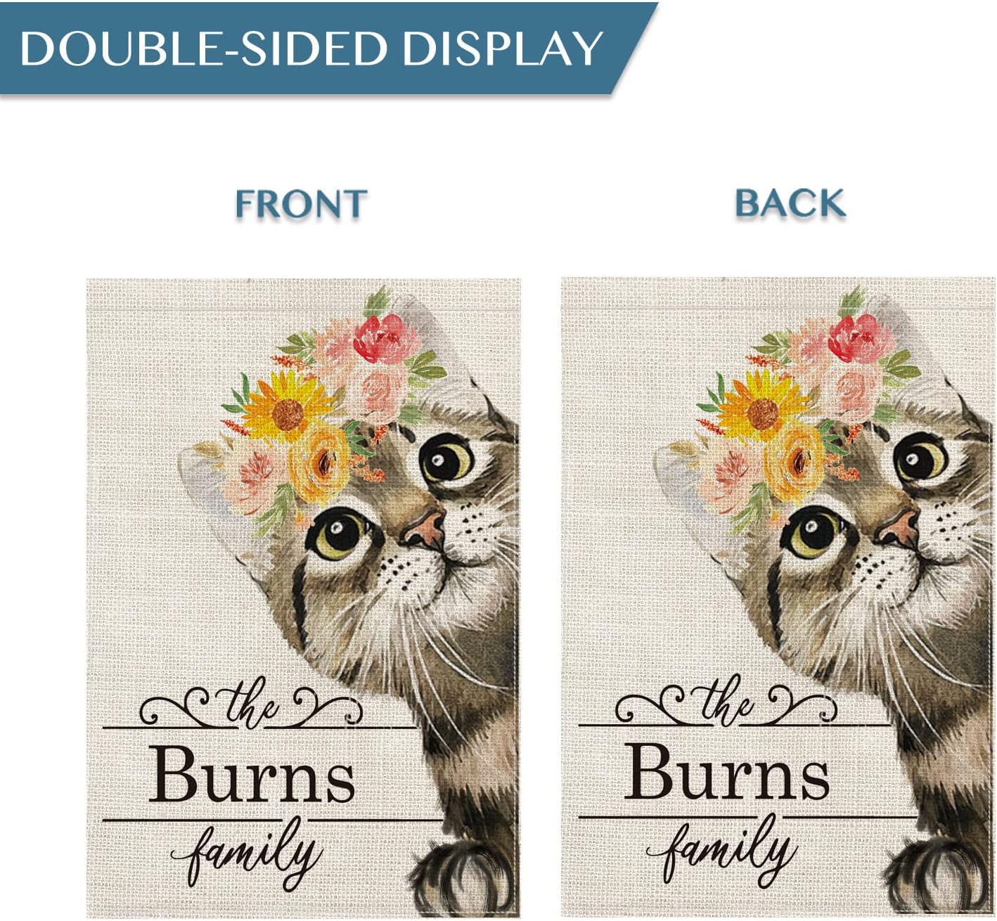 SMILE Personalized Spring Summer House Flag, Kitten Custom Family Last Name Cat, Double Sided 28 x 40 Inch Rustic Farmhouse Burlap Yard Outdoor Decoration