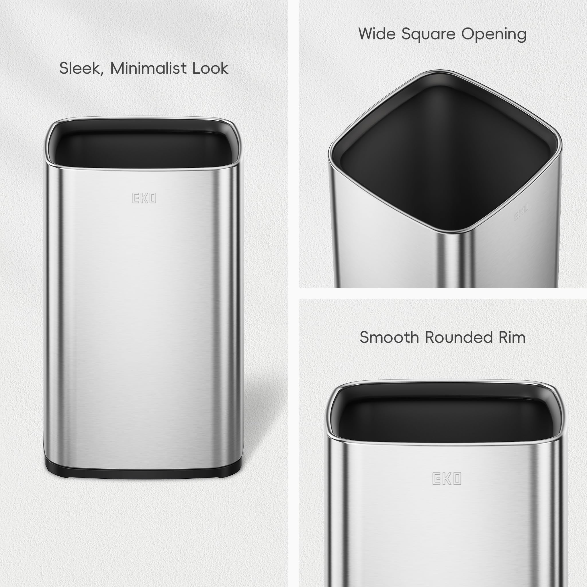 EKO Lot de 2 poubelles carrées sans couvercle avec panier intérieur amovible, petite poubelle carrée de 5 + 10 litres pour cuisine, salle de bains, bureau, maison (acier inoxydable)