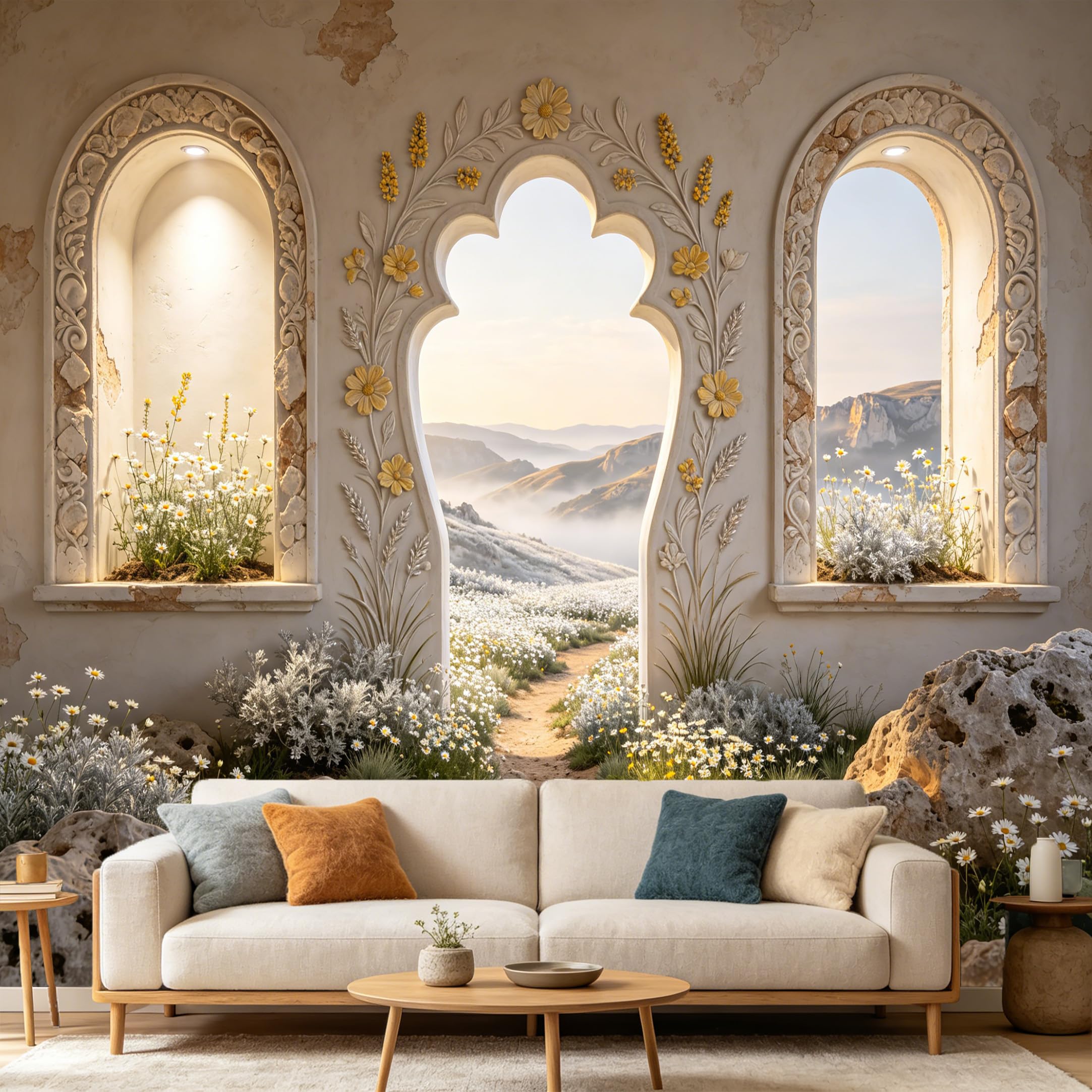 Custom Size Wall Mural， Mediterranean Archway Landscape Floral Garden， 3D Window View Mountain Scenic， SelfAdhesive Art Prints wall Fabric Removable Large Wallpaper Home Living Room Decor