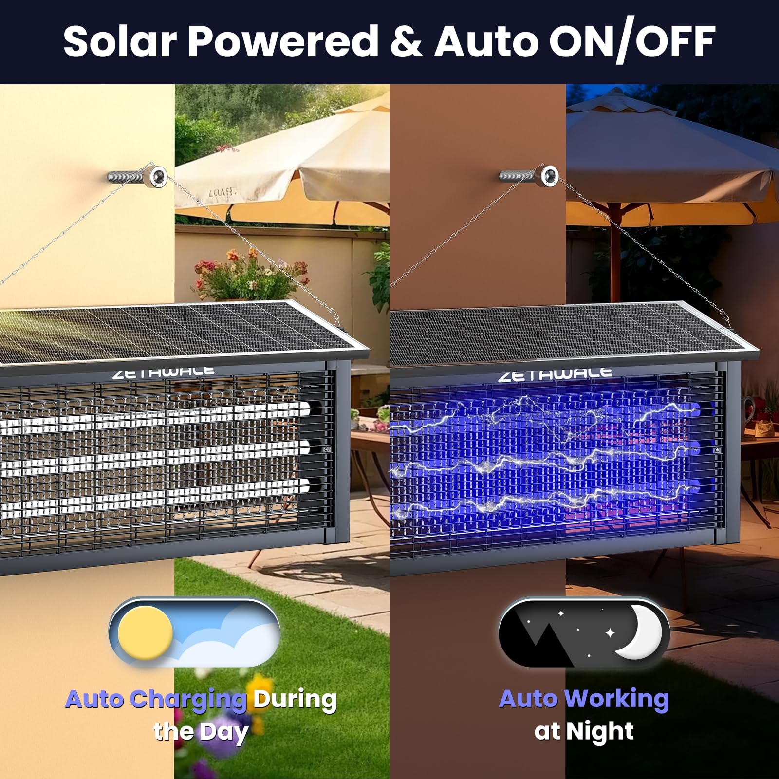 Solarbetriebener Insektenvernichter im Freien, 4500 V Mückenfalle mit 30 W Solarpanel, Fliegenfalle & Mückenvernichter, 6600 mAh Akku, IPX5 wasserdicht, deckt bis zu 4000 m² ab, für Terrasse