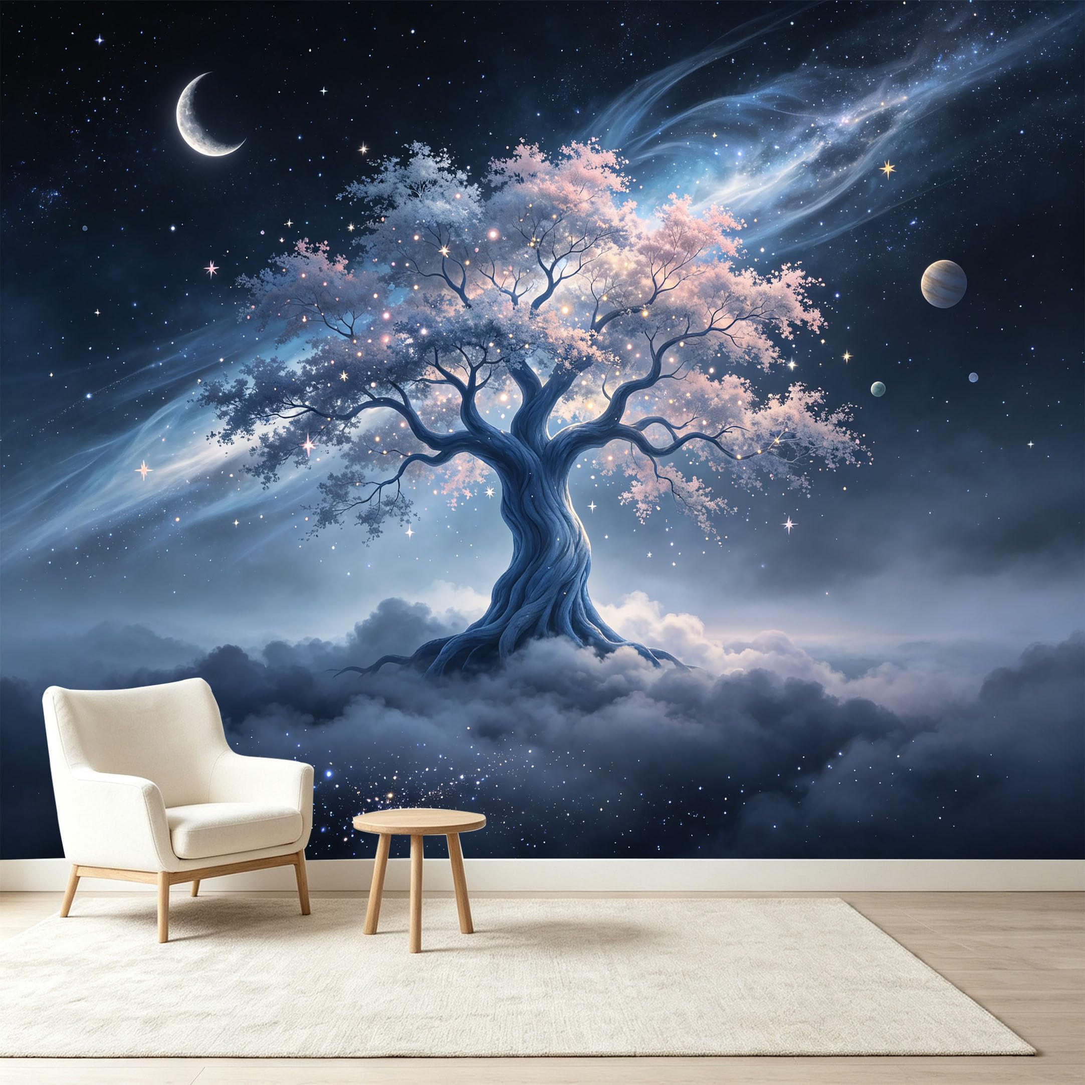 Custom Size Wall Murals Cosmic Ancient Tree Nebula Energy Starry Night Sky Self-Adhesive Wall Fabric Removable Wallpaper Wall Decor for Living Room Bedroom Bathroom