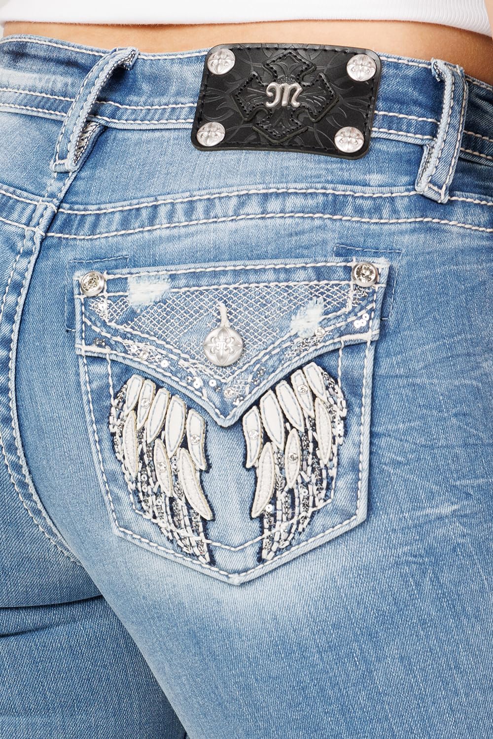Miss Me Women's Distressed Winged Cross Stitch Faux Flap Pockets Mid-Rise 29" Inseam Skinny Jeans