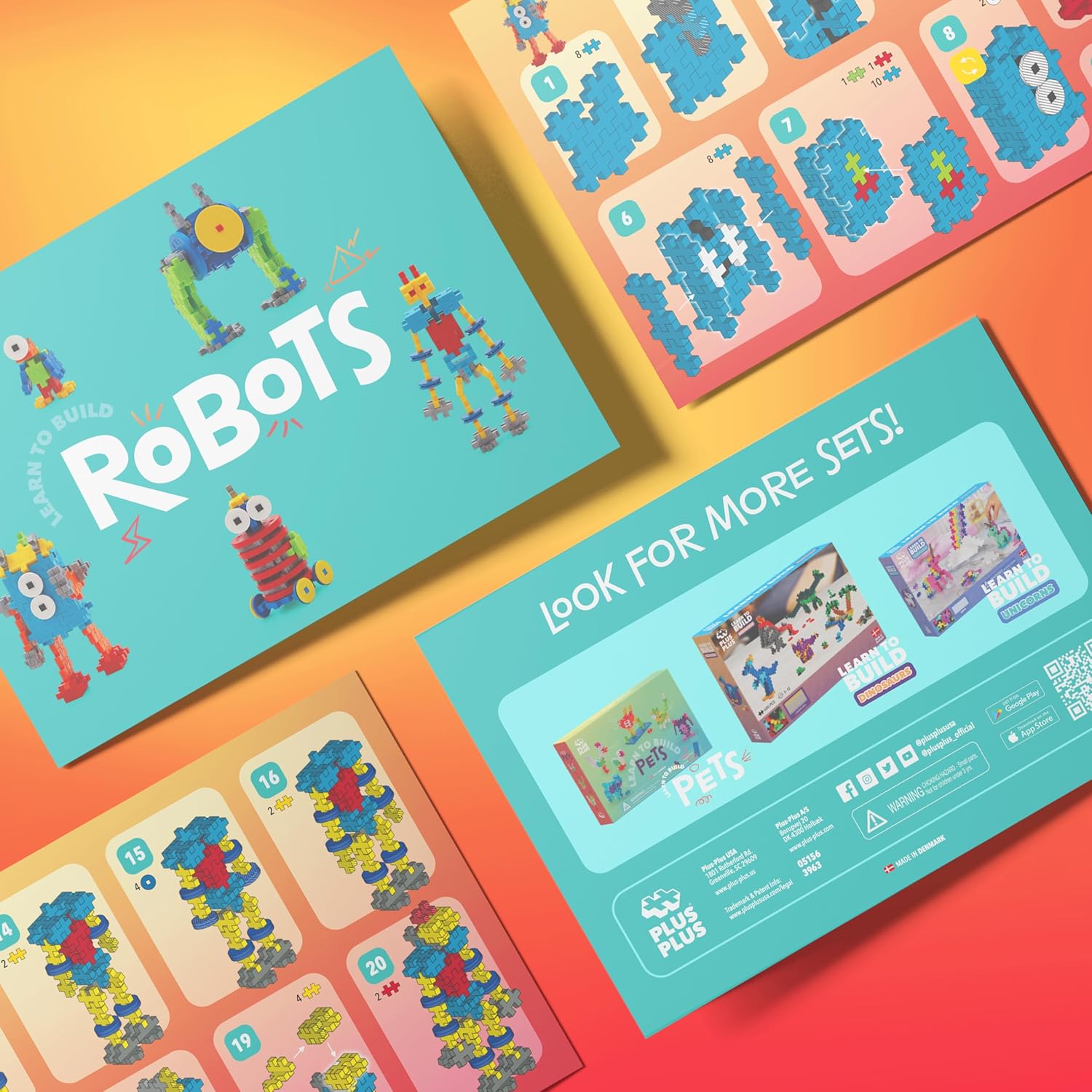 Instruction booklet for PLUS PLUS Learn to Build Robots set, displaying building steps and additional set options.
