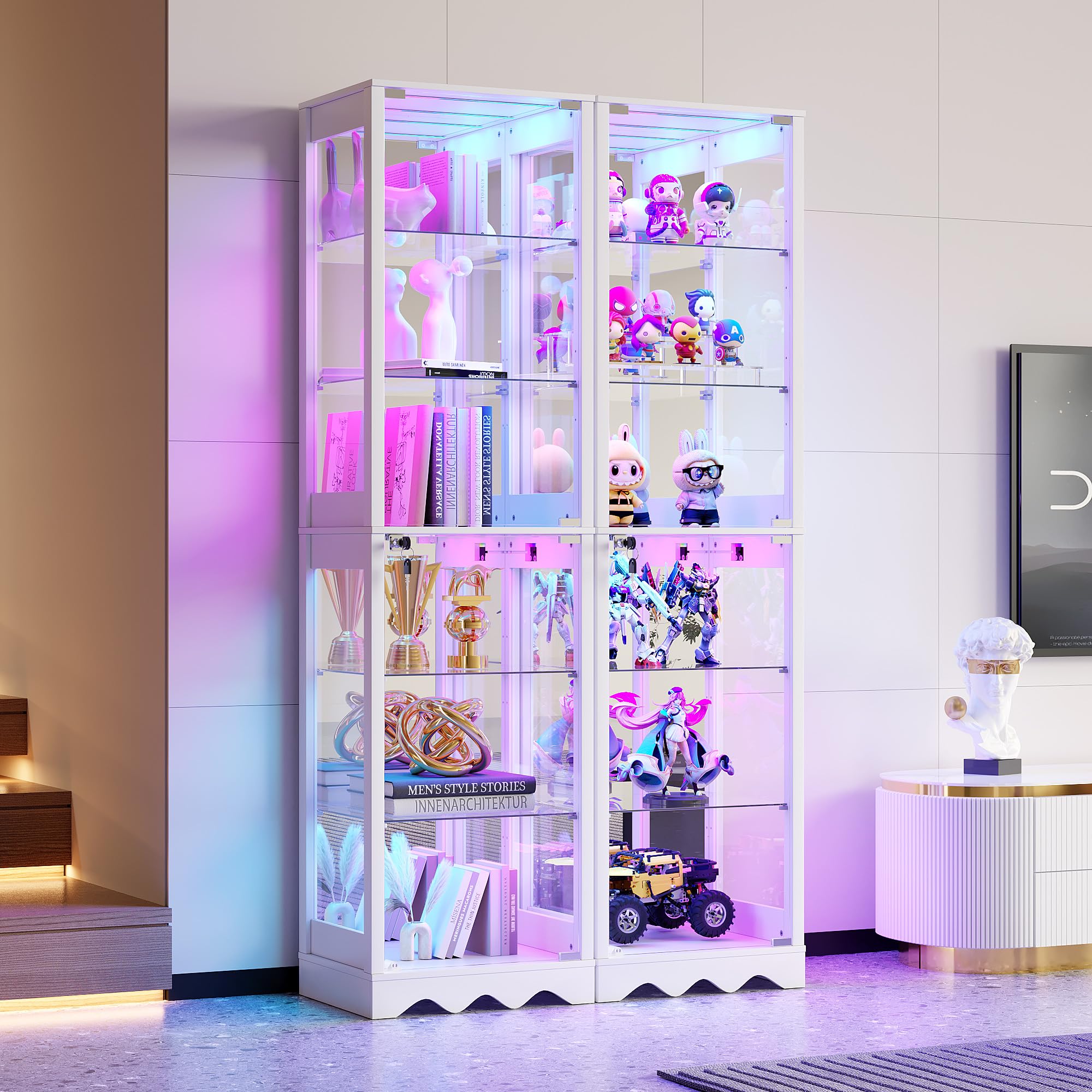 FREDEES Glasvitrine mit Glastüren, 6-stufige Vitrine mit RGB LED | Verstellbare Regalböden, Bewegungssensor, Moderne LED Glasvitrine für Sammlerstücke, Weiß