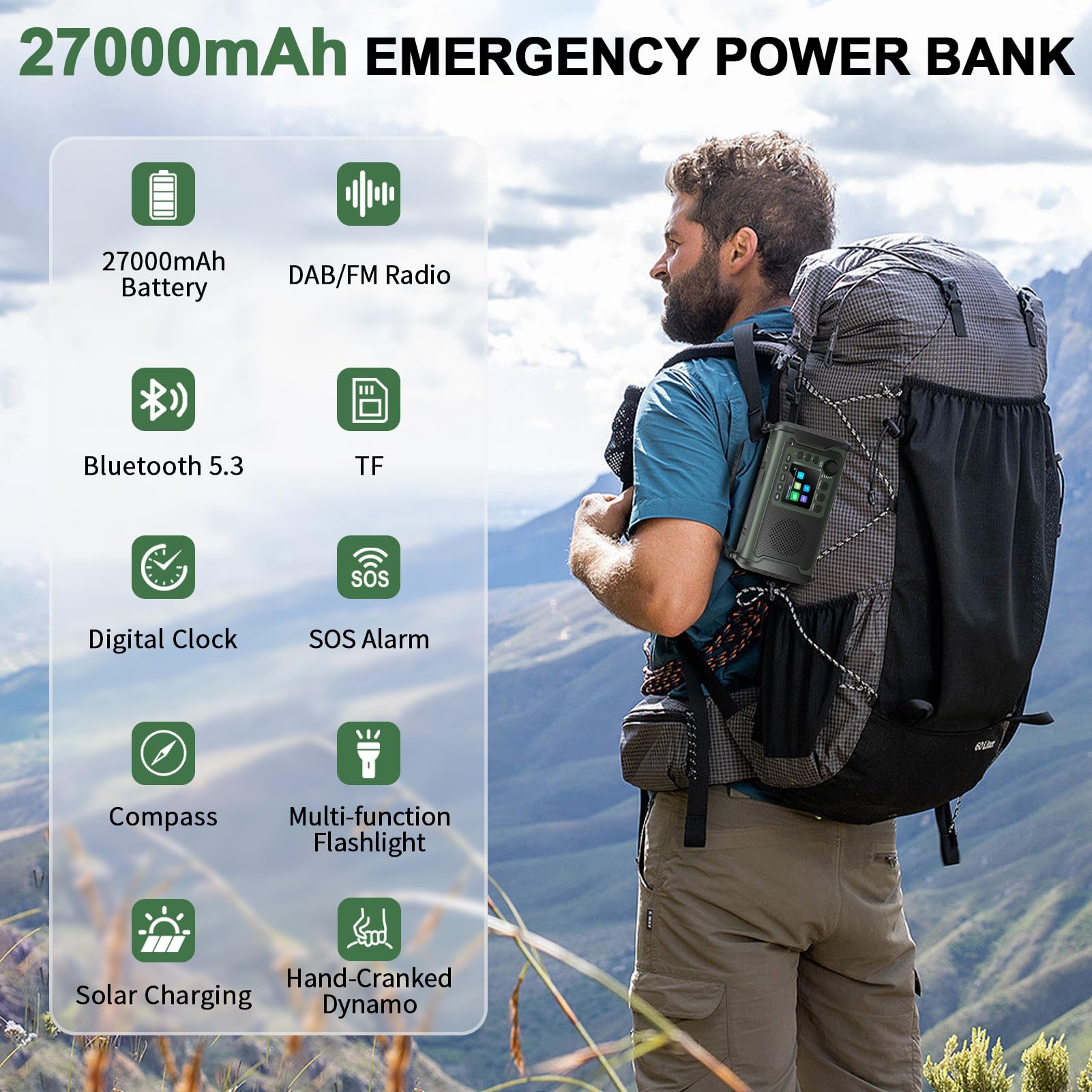 Radio portable DAB/FM 27 000 mAh avec énergie solaire, manivelle, alimentée par piles, radio DAB de survie à remonter avec Bluetooth, 80 préréglages, horloge, alarme SOS, lampe de poche, lampe de