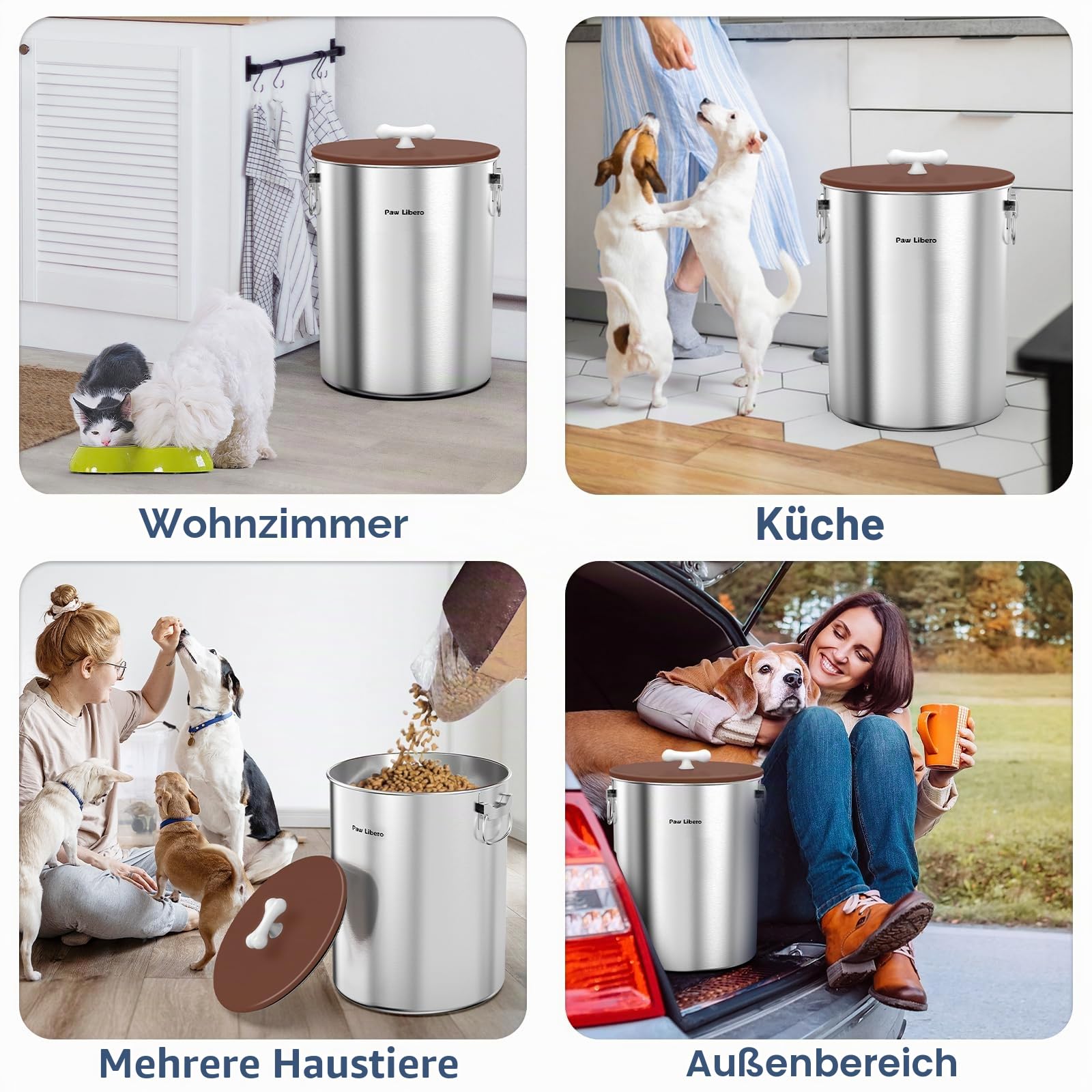 Paw Libero 25 lbs Edelstahl-Hundefutterbehälter mit luftdichtem Deckel und Keramikgriff in Knochenform, großer Metallbehälter für Hunde- und Katzenfutter, hält frisch, leicht zu reinigen